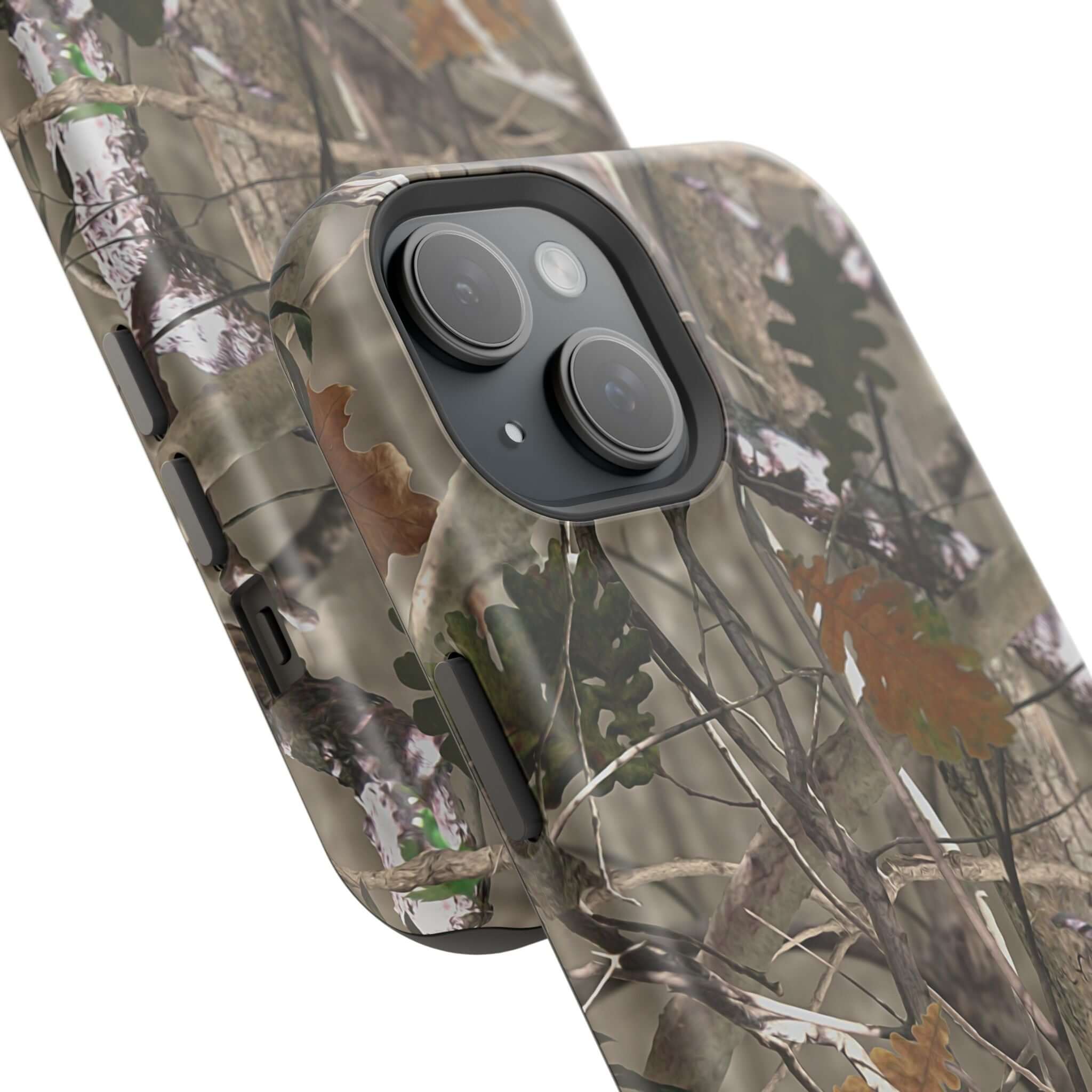 Modern forest camo phone case compatible with MagSafe, featuring animal print design for cute and quirky style.