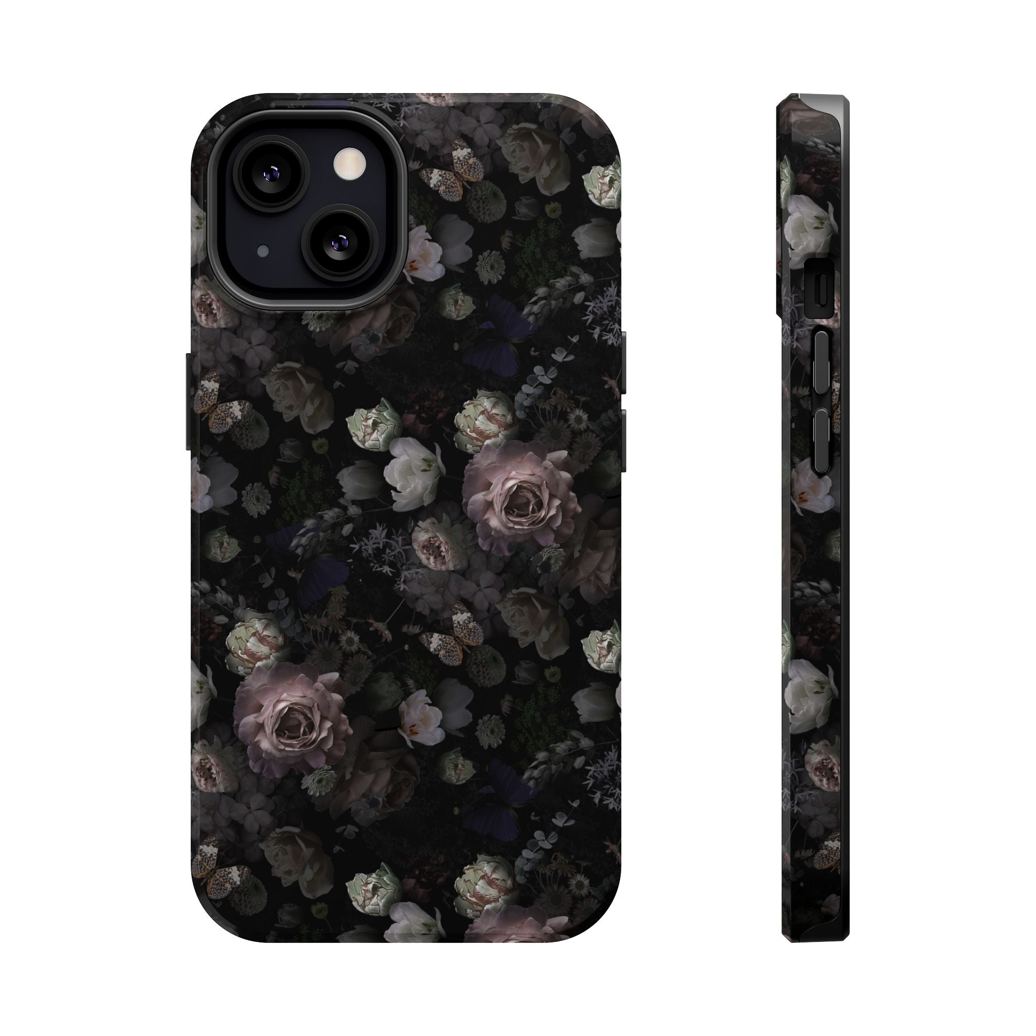 Midnight Curse black floral MagSafe iPhone case with roses, a cute phone cover for stylish protection.