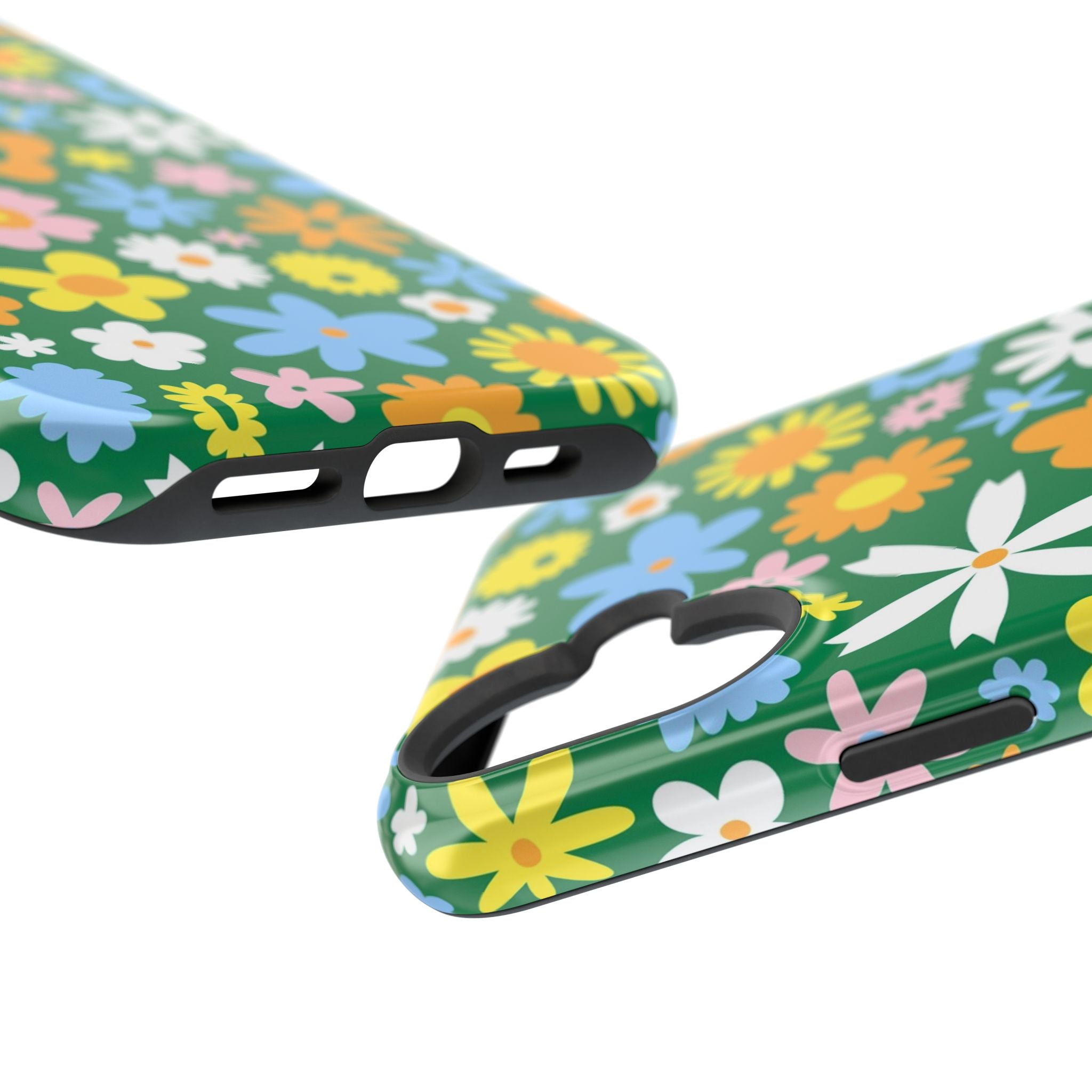 Vibrant floral MagSafe iPhone case with hippie design, featuring cute colorful flowers and green accents. Perfect phone cover for style.