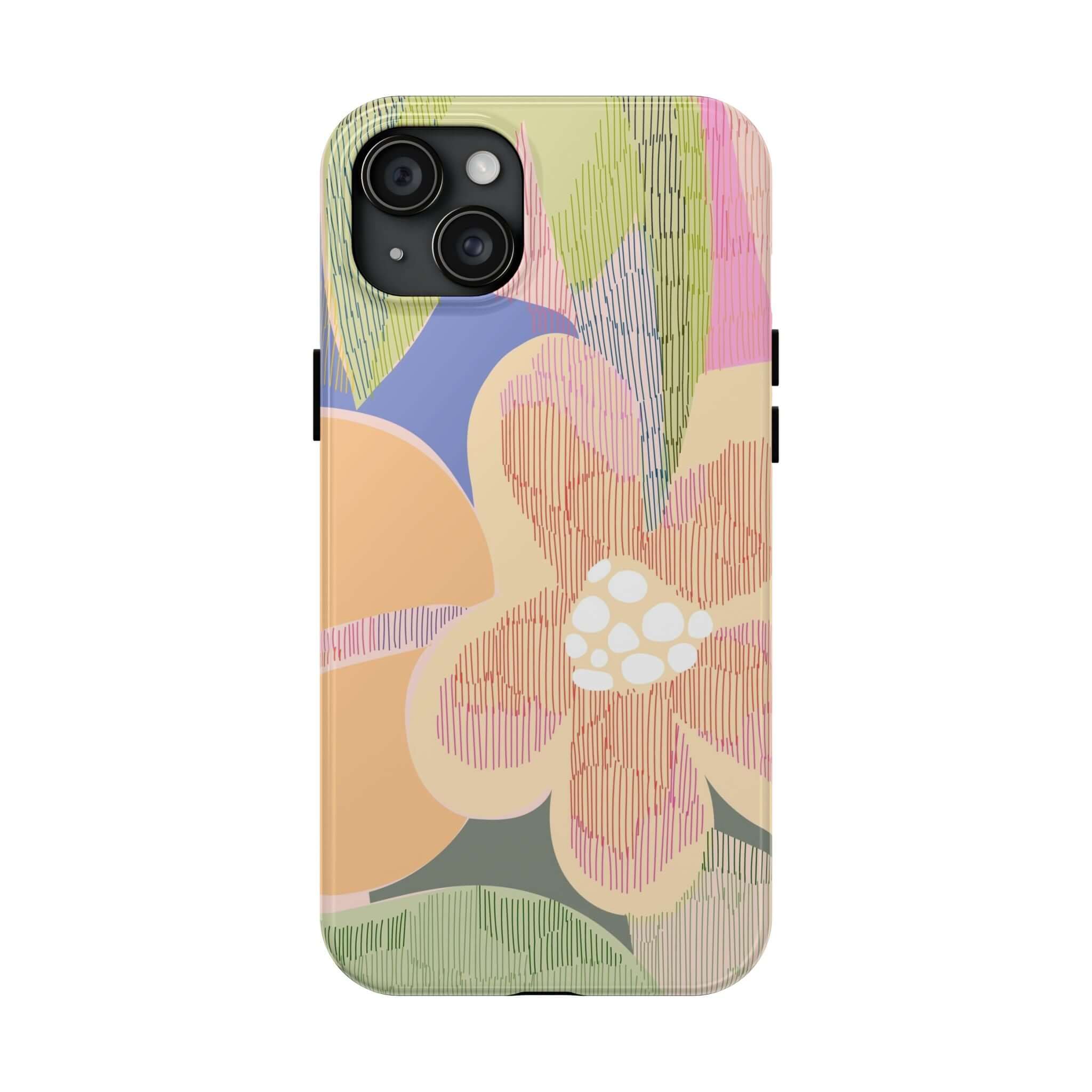 Colorful abstract floral case for iPhone 14 Pro Max with palm tree design, vibrant aesthetic, and cute protective cover.