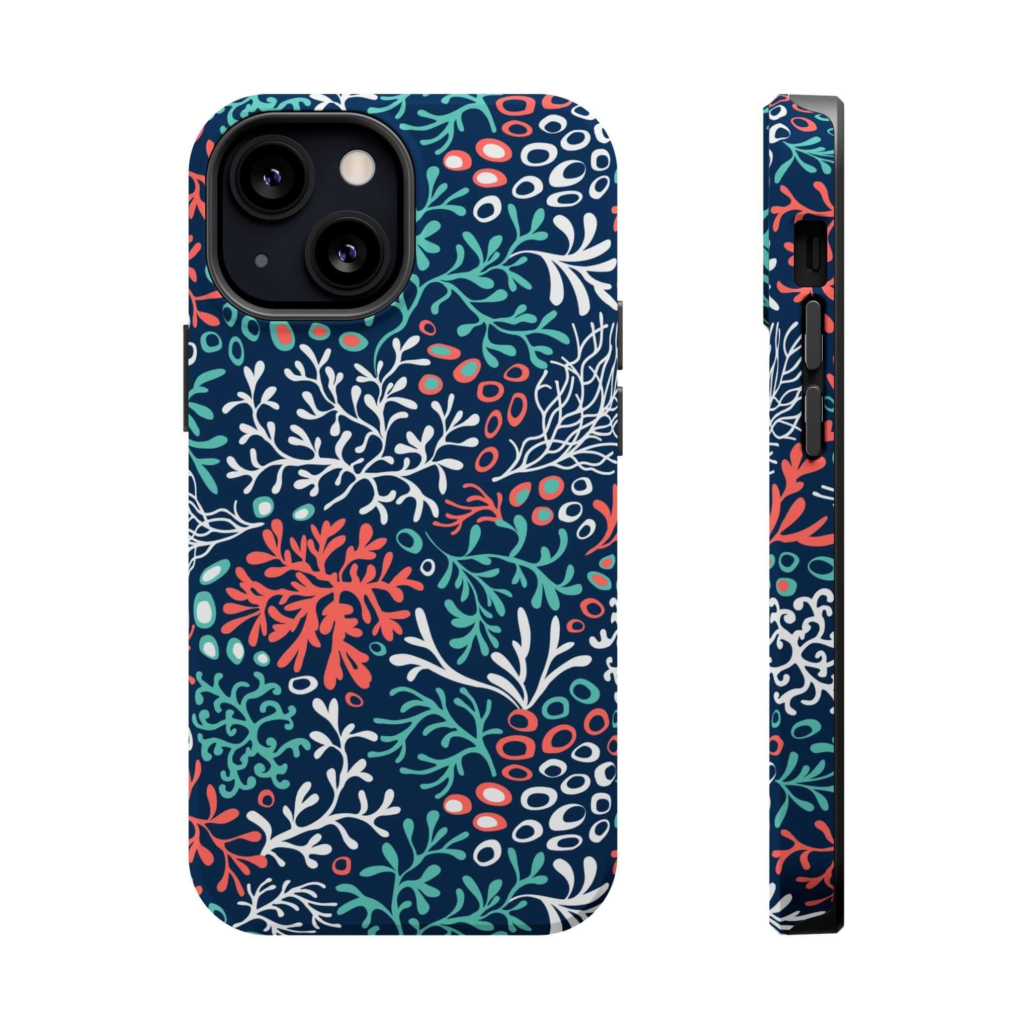 Colorful coral reef phone case for iPhone 16 with cute beachy design, featuring vibrant marine patterns.