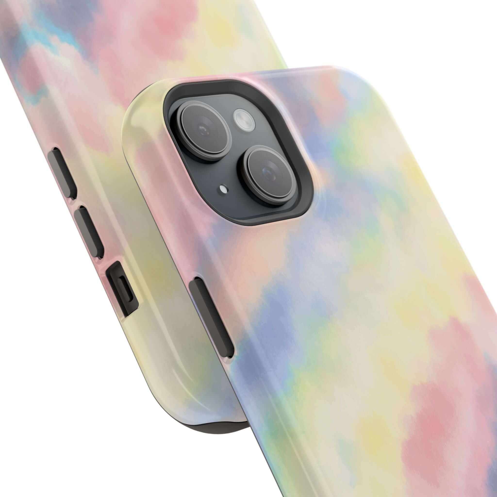 Pastel tie dye custom iPhone case with MagSafe compatibility and cute design.