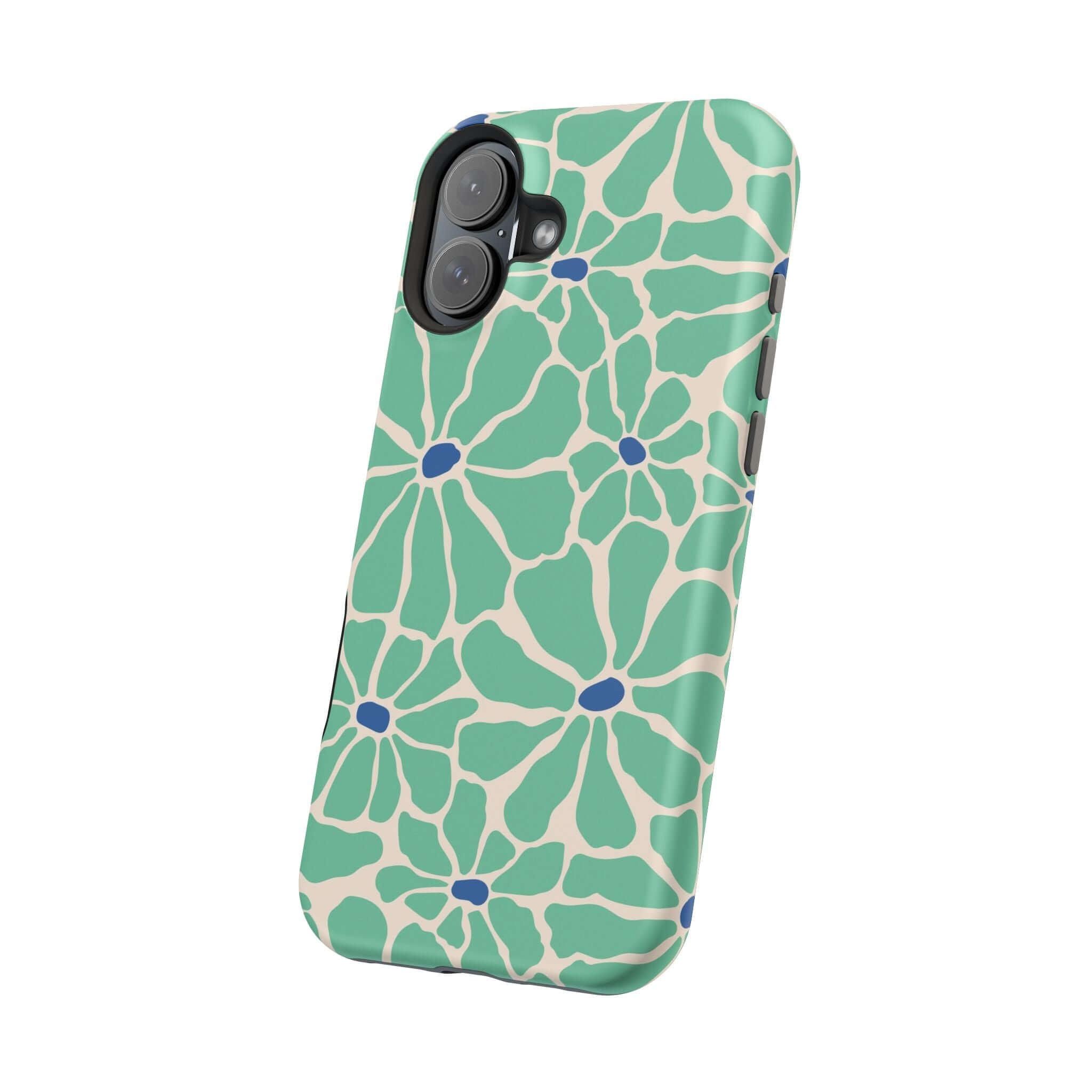 Retro floral phone case in green and blue, perfect cute phone cover for Apple iPhone with MagSafe technology.