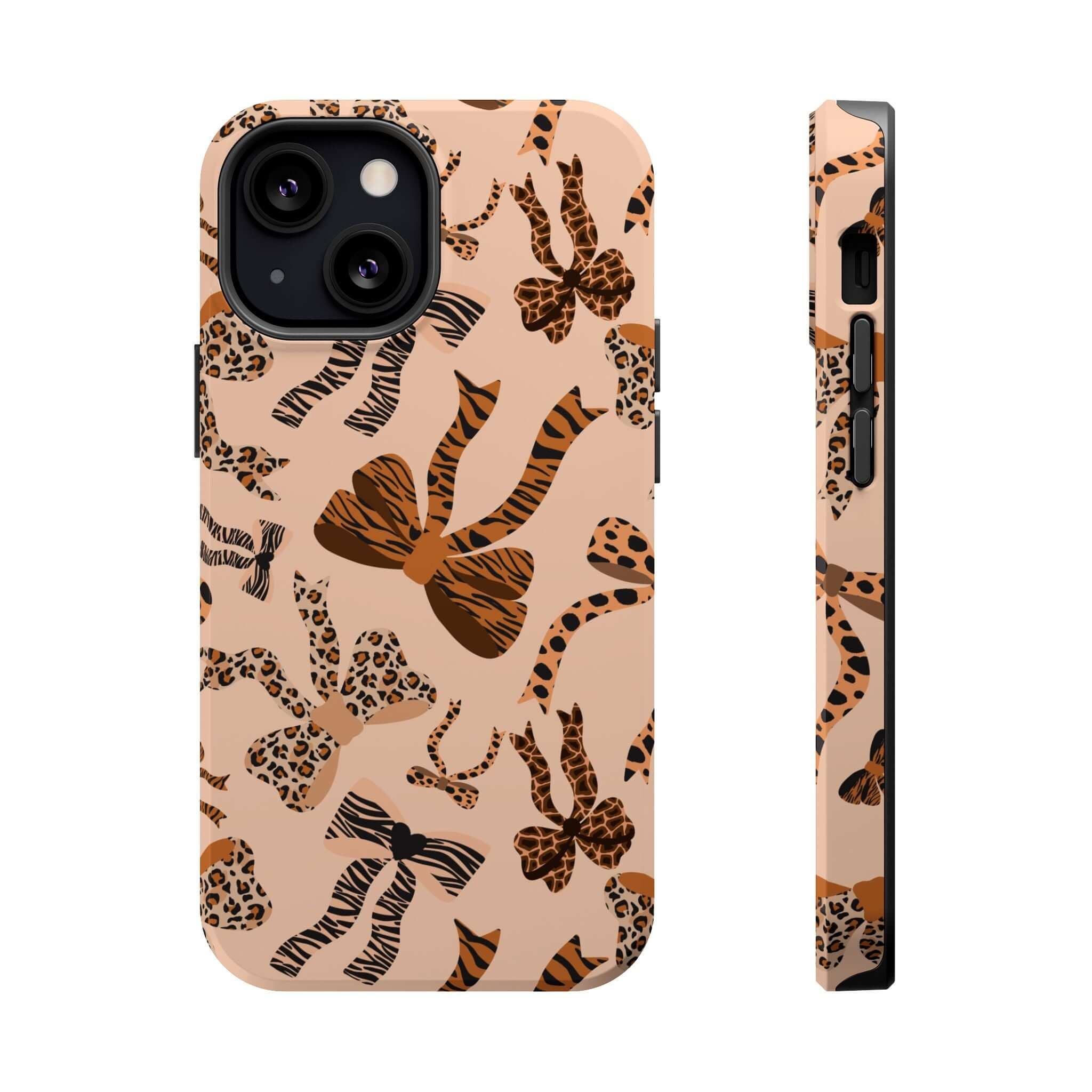 Colorful iPhone case with leopard pattern and cute bows, Safari Coquette design, abstract and stylish MagSafe phone accessory.