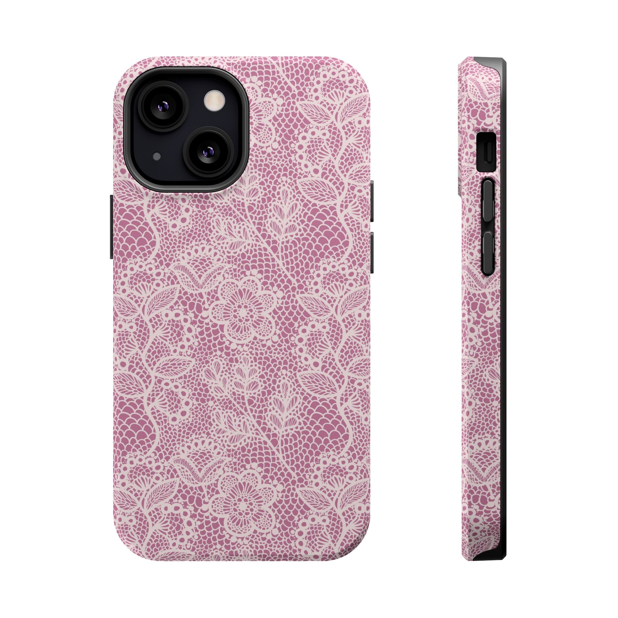 Pink Lace MagSafe iPhone Case with Floral Design; Cute Phone Cover with Country Charm.