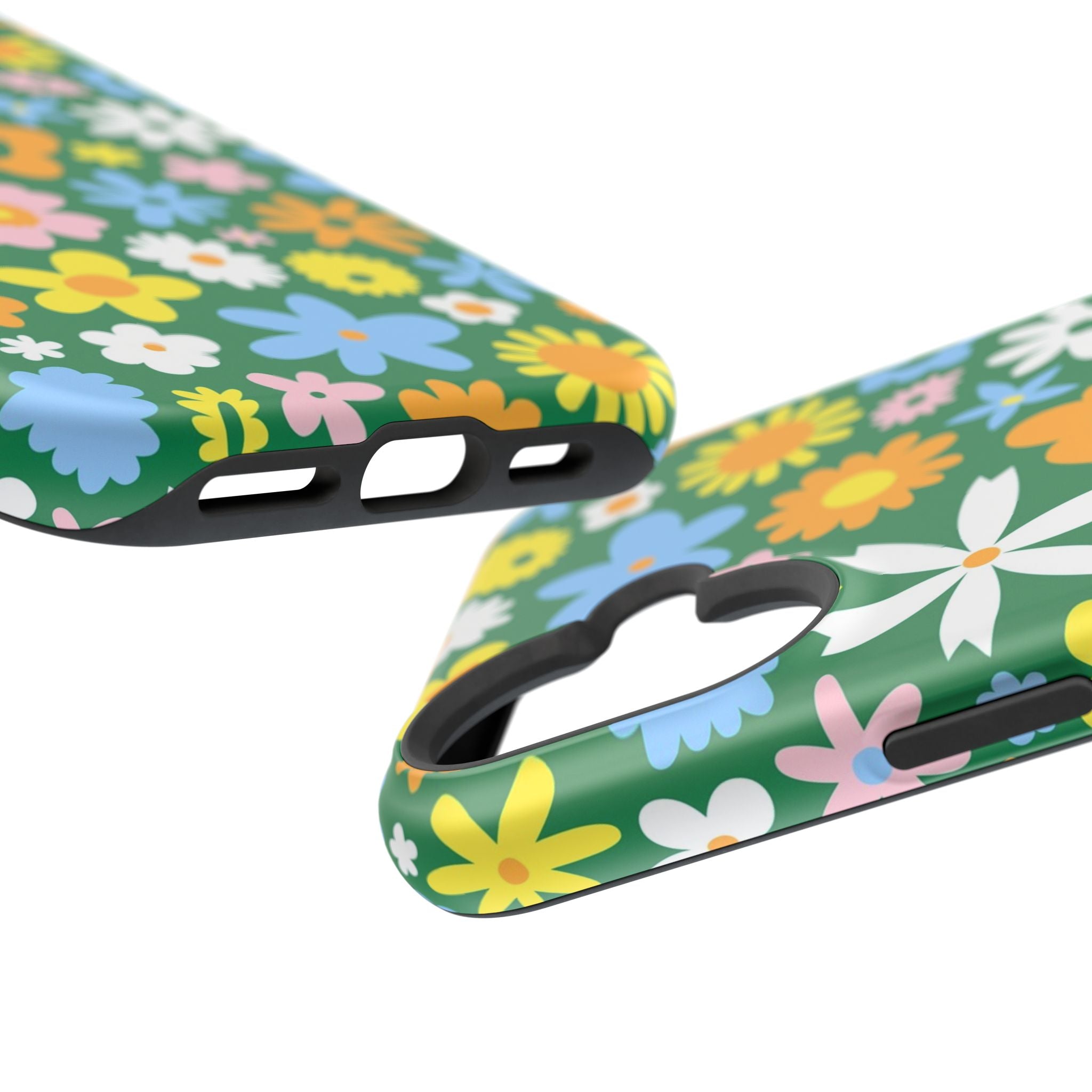 Vibrant hippie floral MagSafe iPhone case with colorful flowers on a green background, perfect cute phone cover for style and protection.