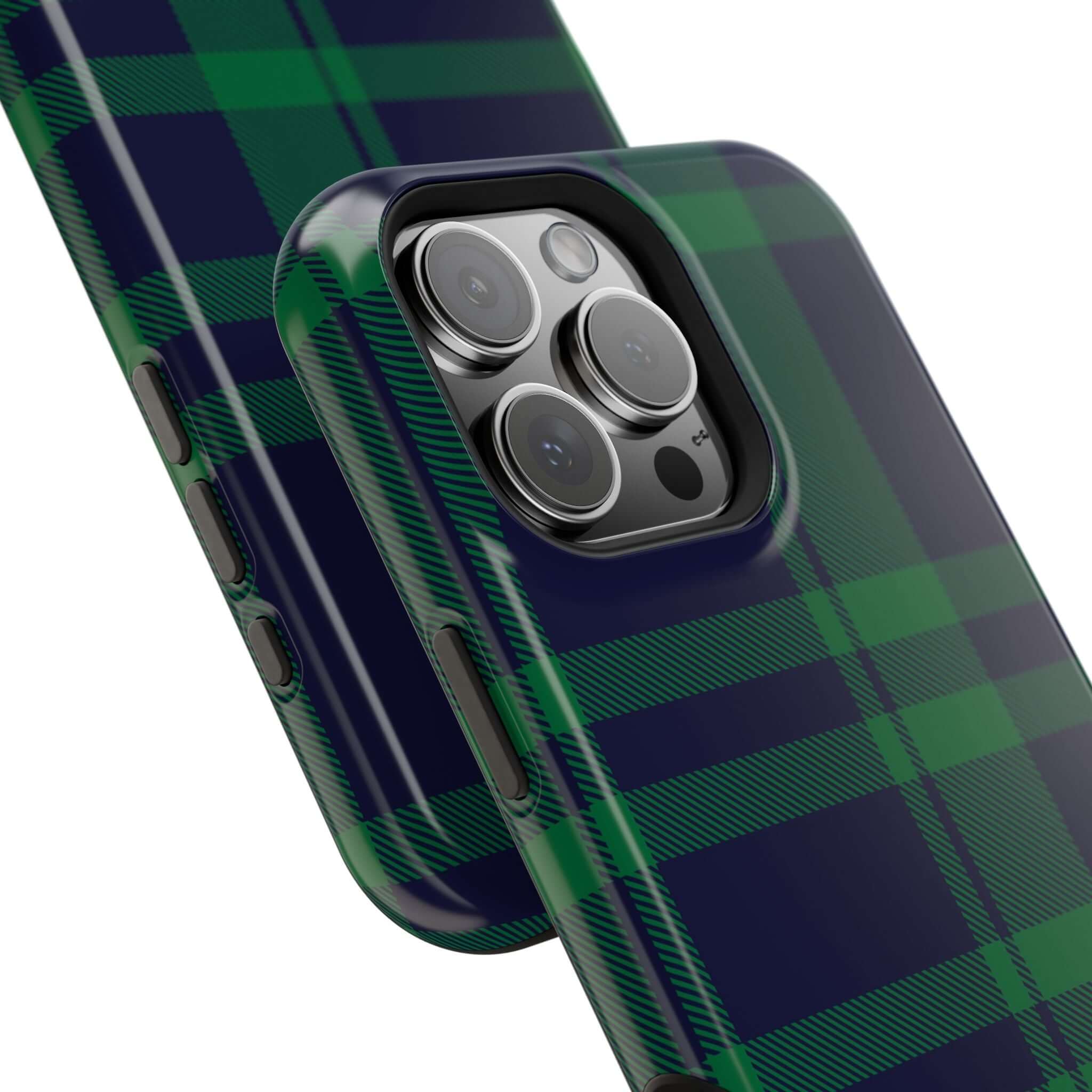 Cute Mistletoe Plaid MagSafe case for iPhone, featuring a festive green and navy pattern for holiday cheer.