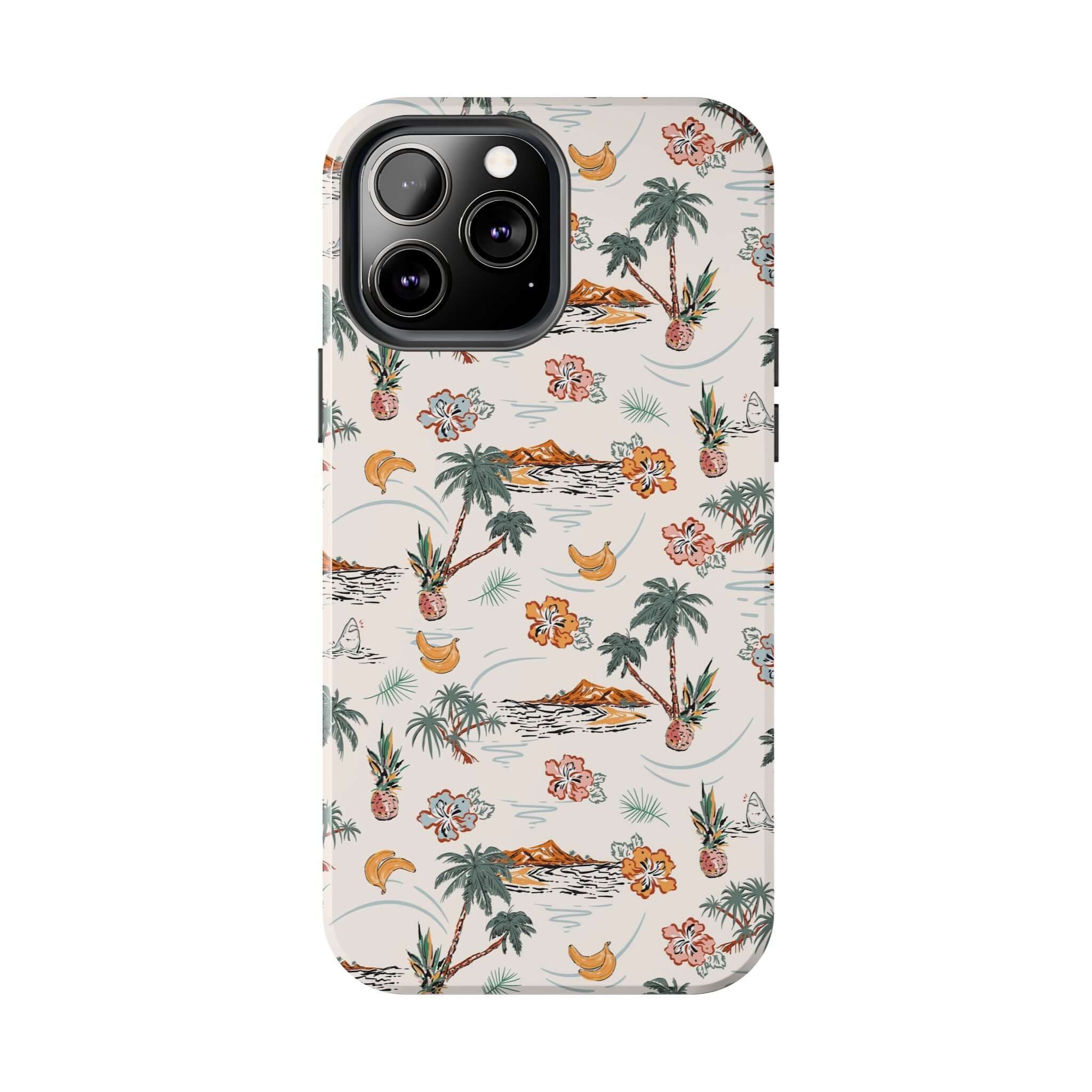 Cute iPhone 14 case with tropical beach design and palm trees, perfect phone cover for playful beach getaways, free shipping available