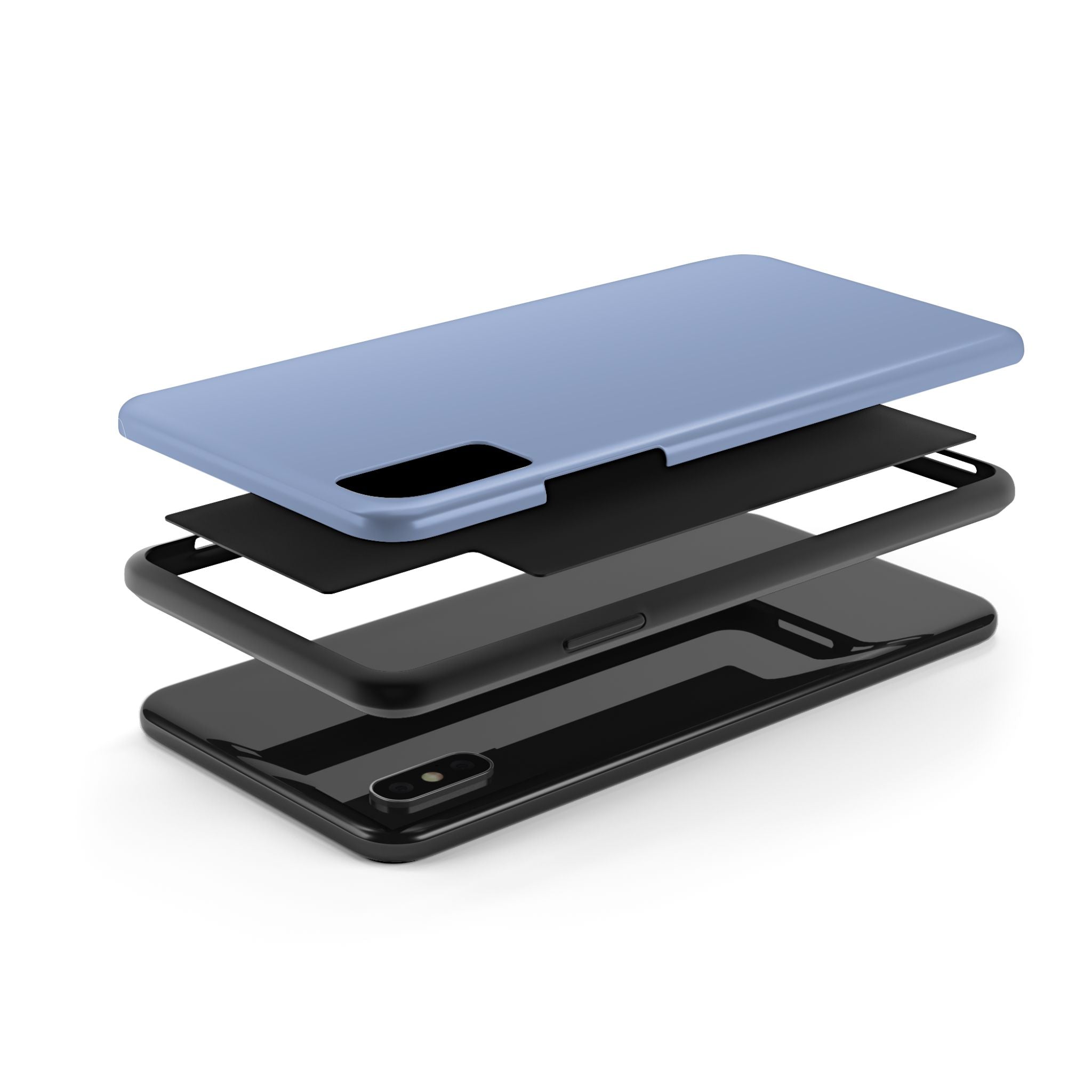 Exploded view of Blue Velvet phone case for iPhone 16 highlighting protective layers and sleek design. Cute and sturdy iPhone case.