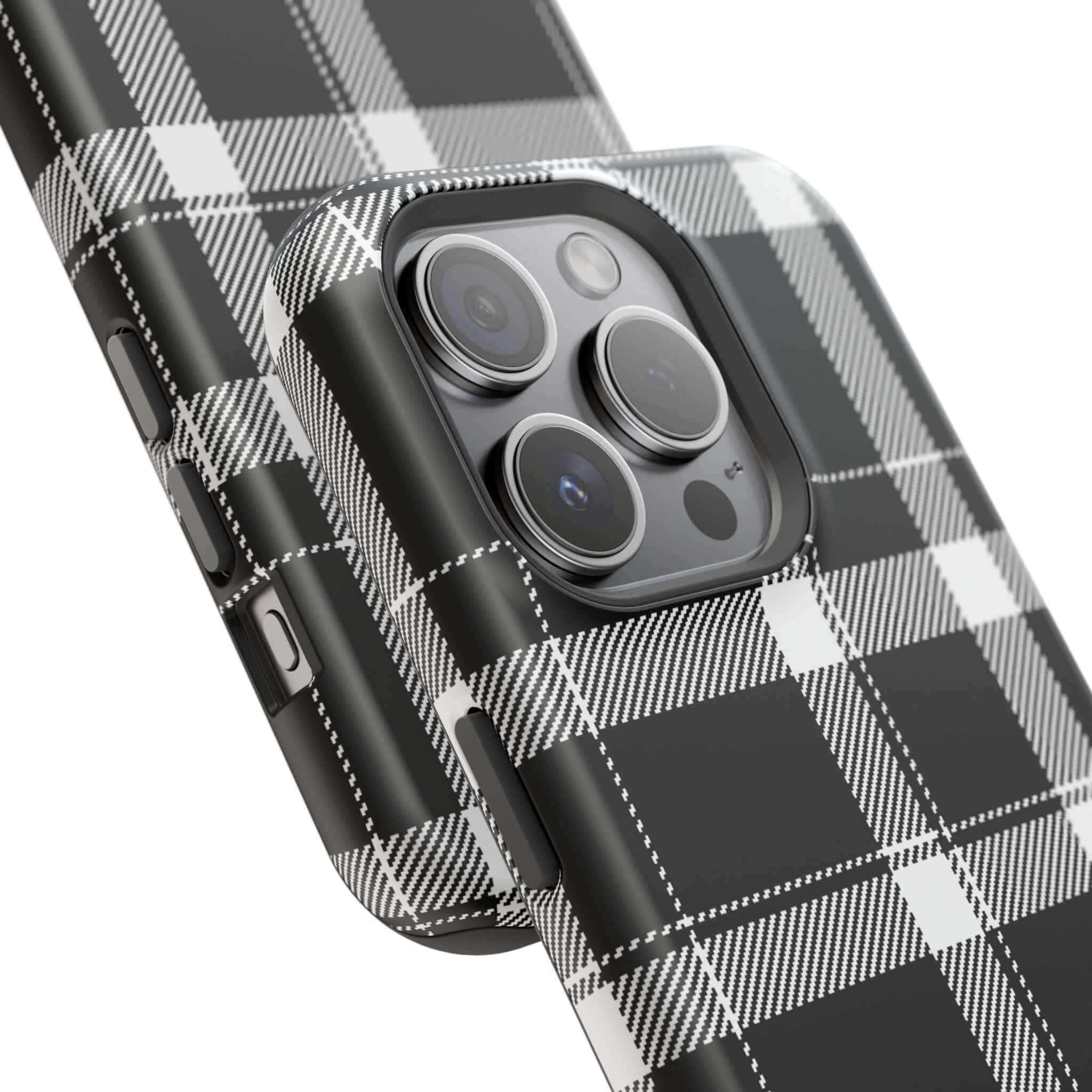 Stylish black plaid phone case for iPhone, combining fashion with protection, perfect cute phone cover for trendsetters.