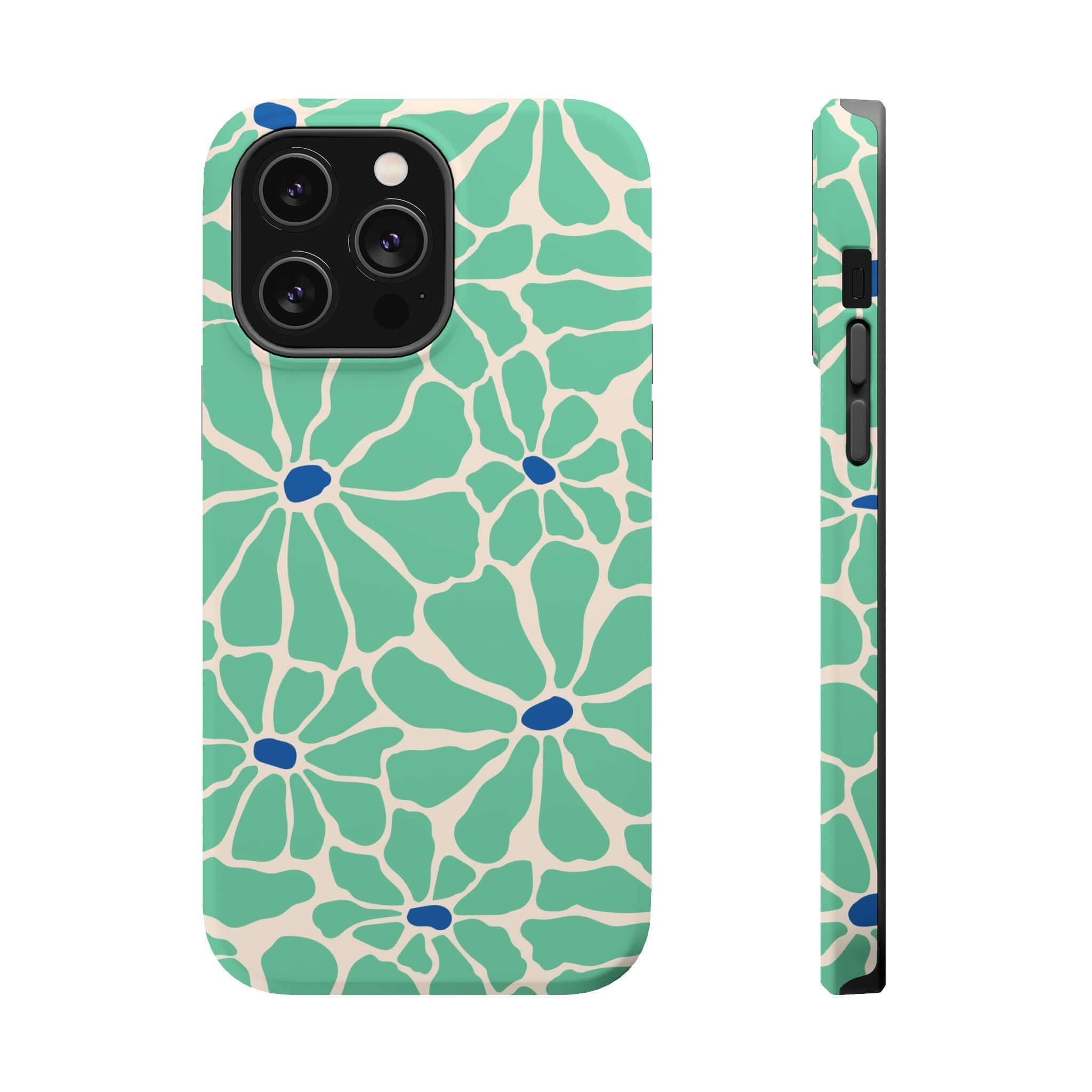 Retro floral iPhone case with tropical green and blue design, perfect cute phone cover for style and protection.