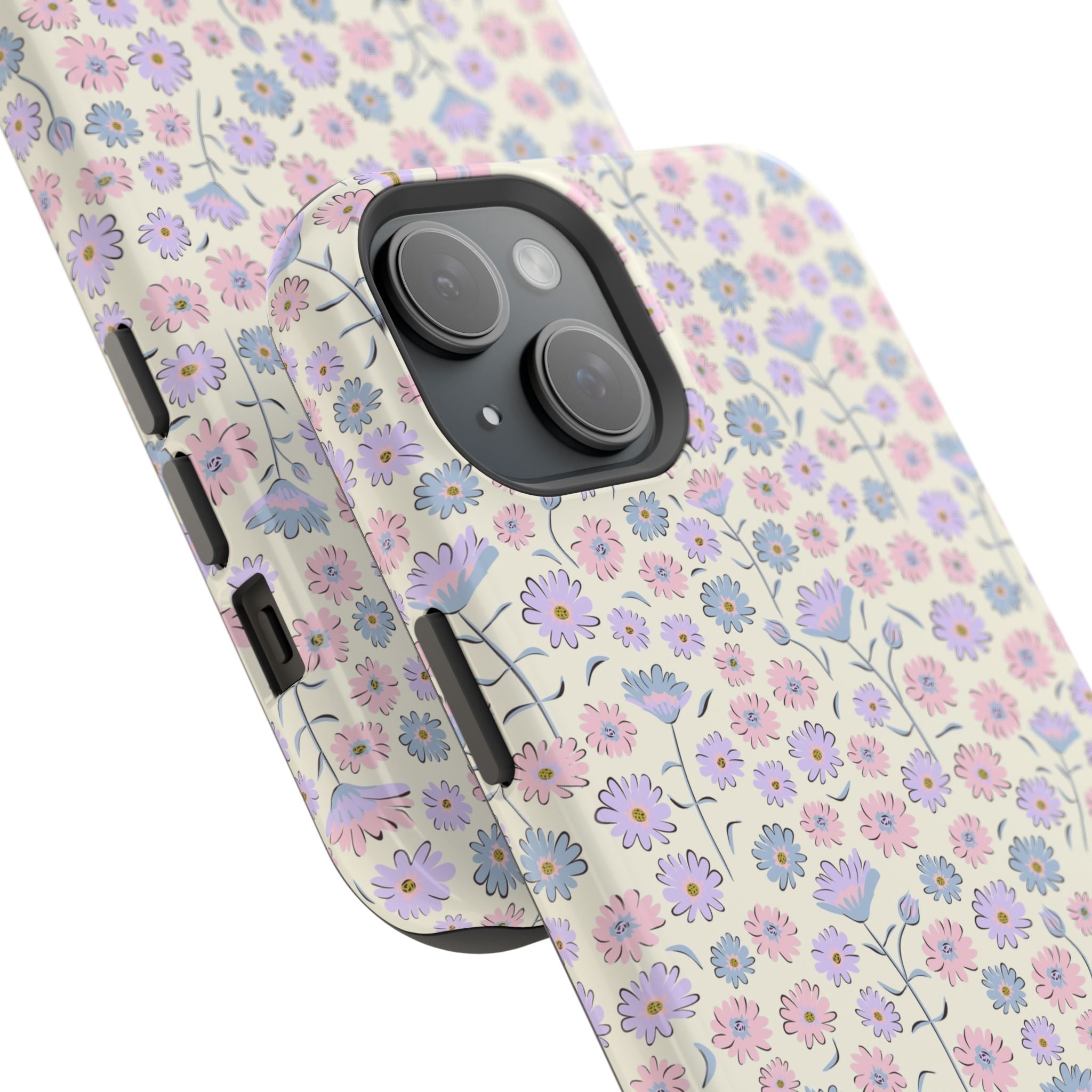 Pink flower iPhone 16 case with cute cottagecore design, floral MagSafe cover for stylish protection.