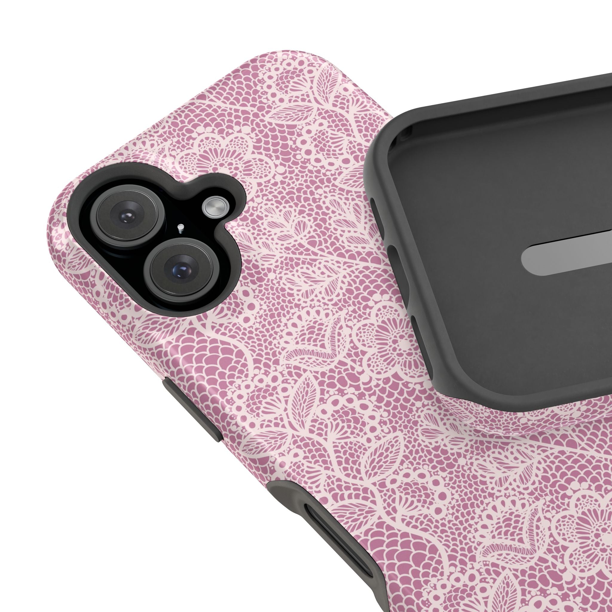 Pink Lace MagSafe iPhone Case with Country Charm design, offering cute and playful protection, featuring a floral pattern phone cover