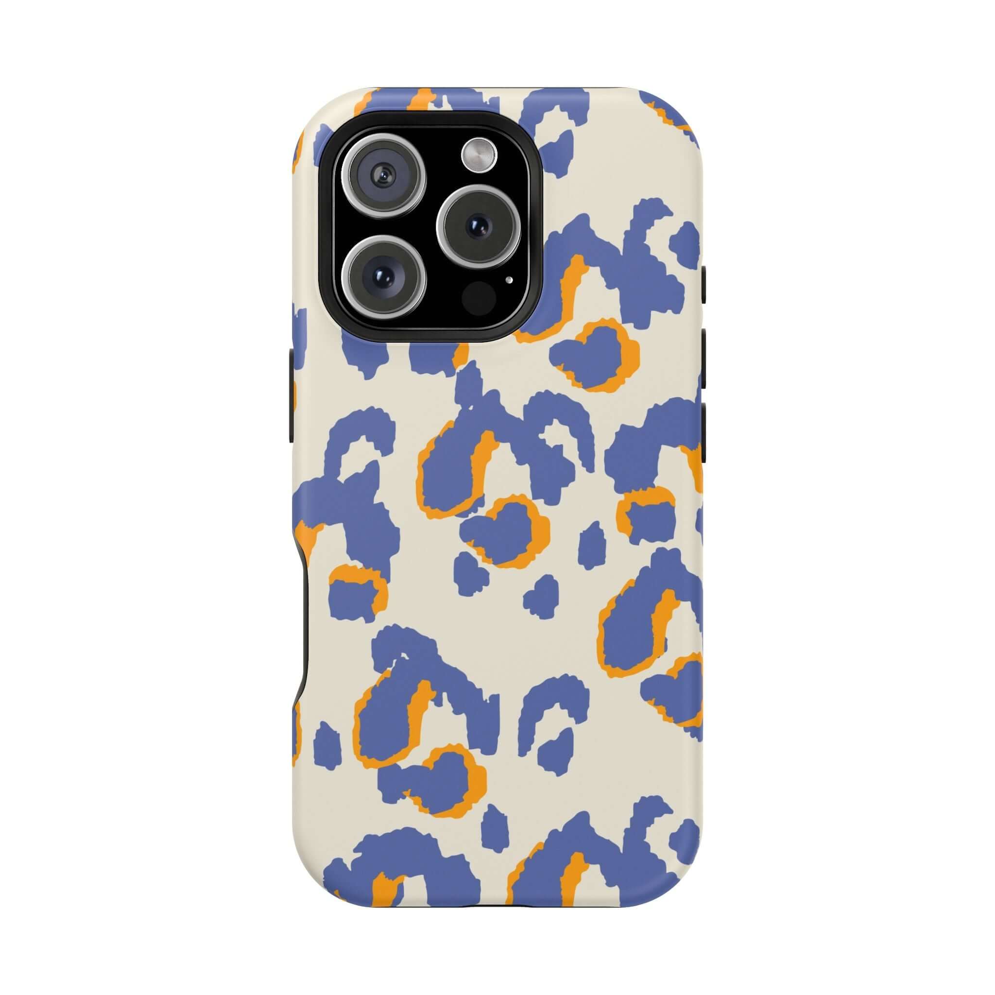 Colorful blue leopard print MagSafe phone case, abstract design, cute and stylish iPhone protection with orange accents.