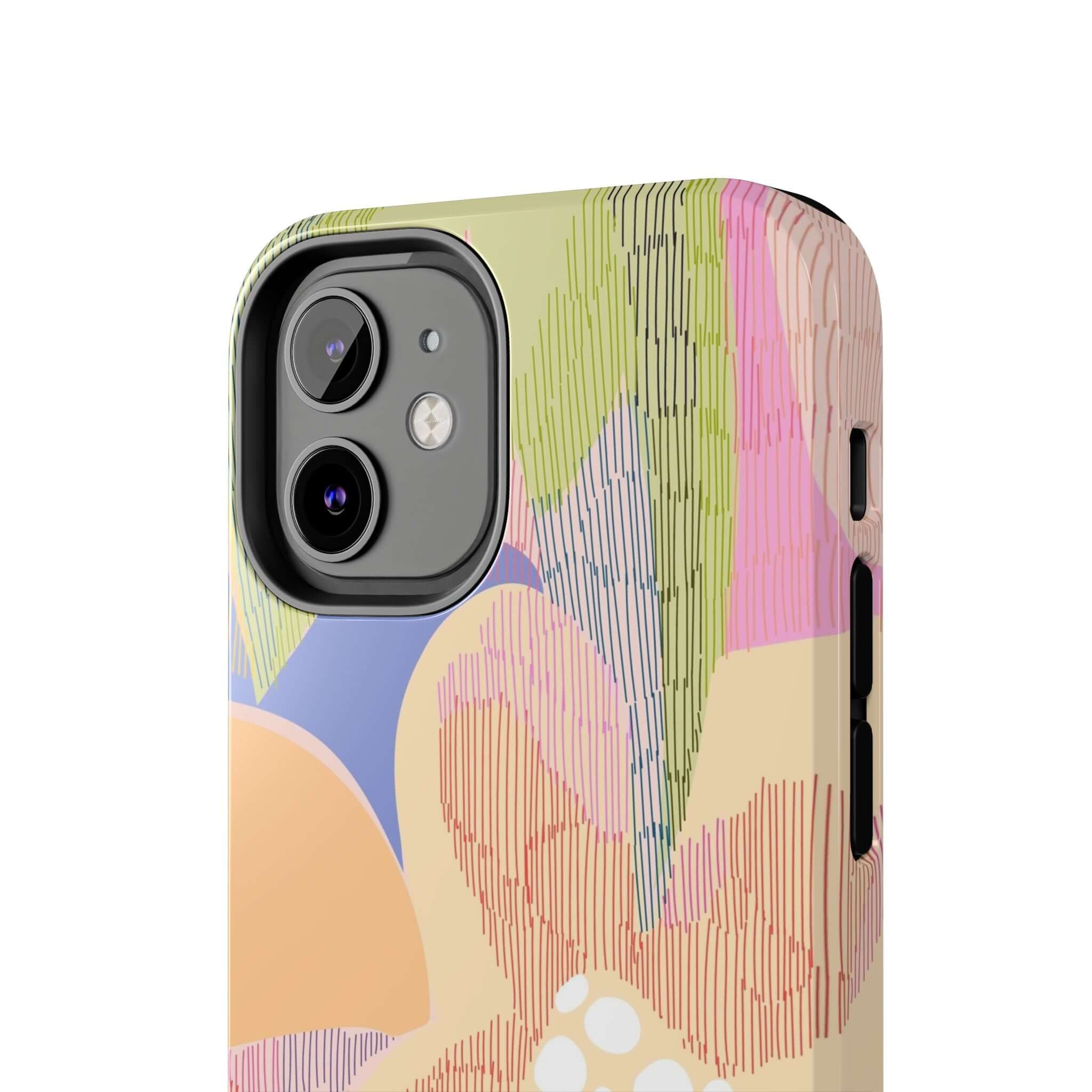 Colorful abstract floral phone case for iPhone 14 Pro Max and Samsung S23, displaying palm tree design and vibrant aesthetic