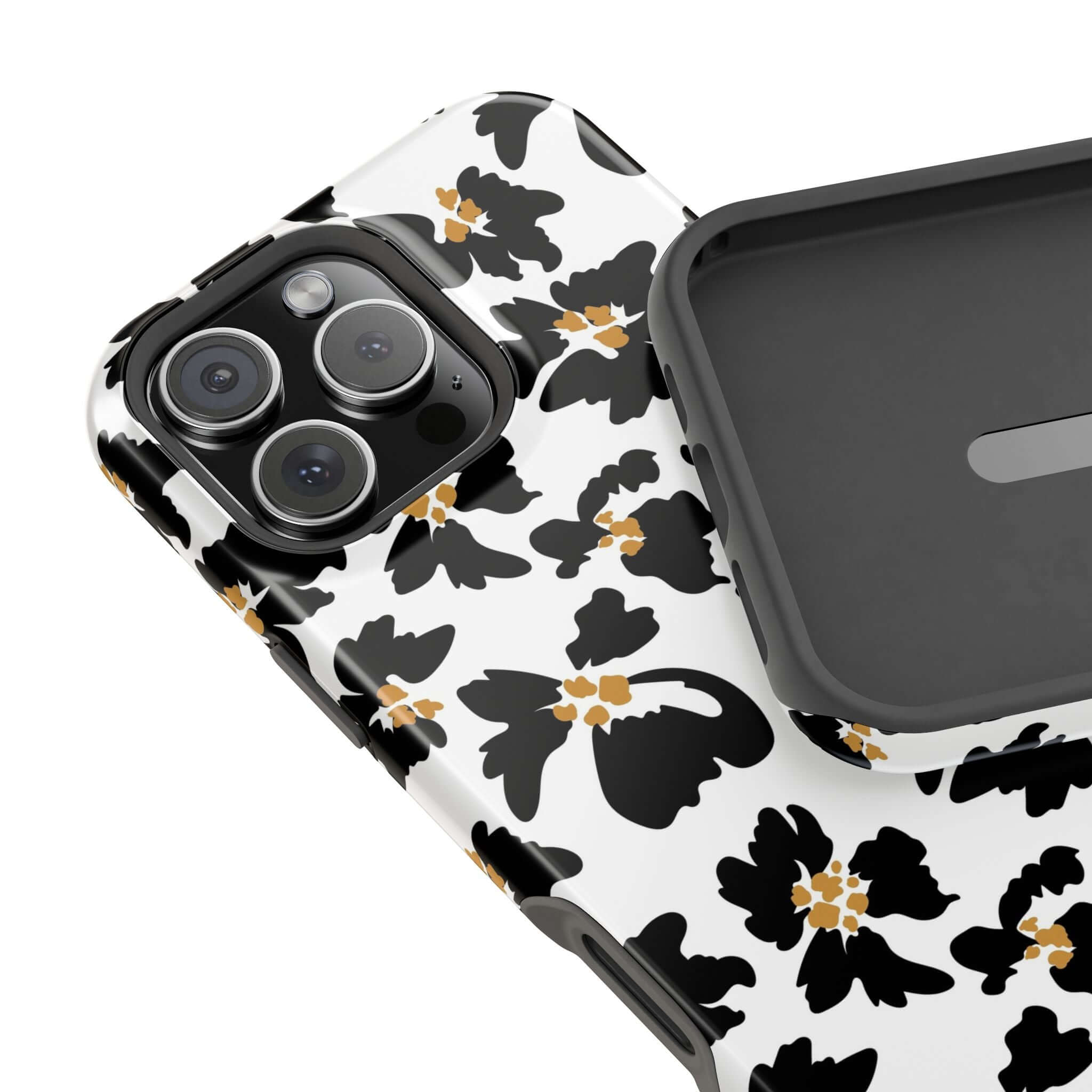 Modern phone case with black floral design for iPhone, featuring a cute MagSafe-friendly animal print style.