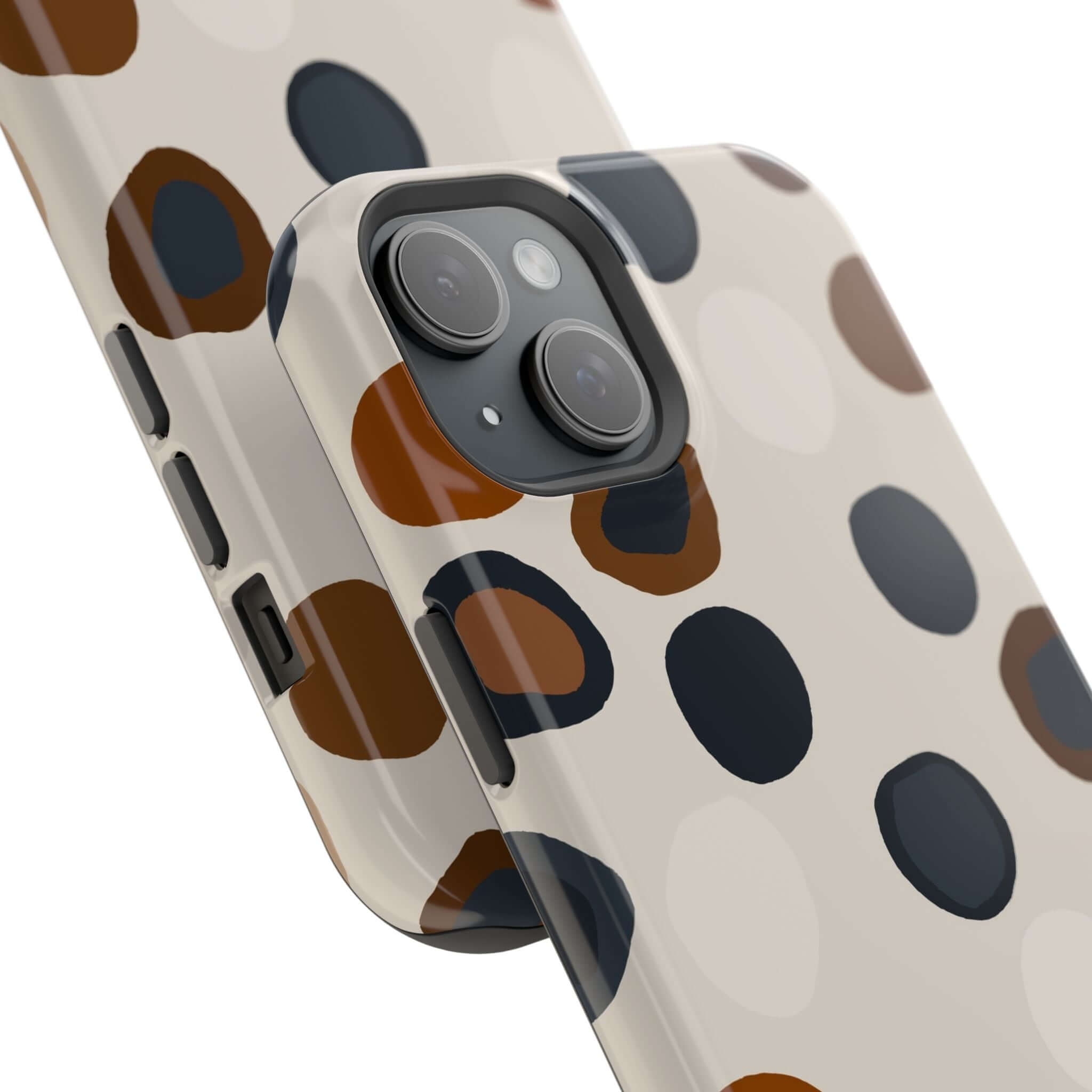 Chic Wanderer modern spots colorful iPhone case with abstract brown and black dots, cute phone case for fashion-forward style.