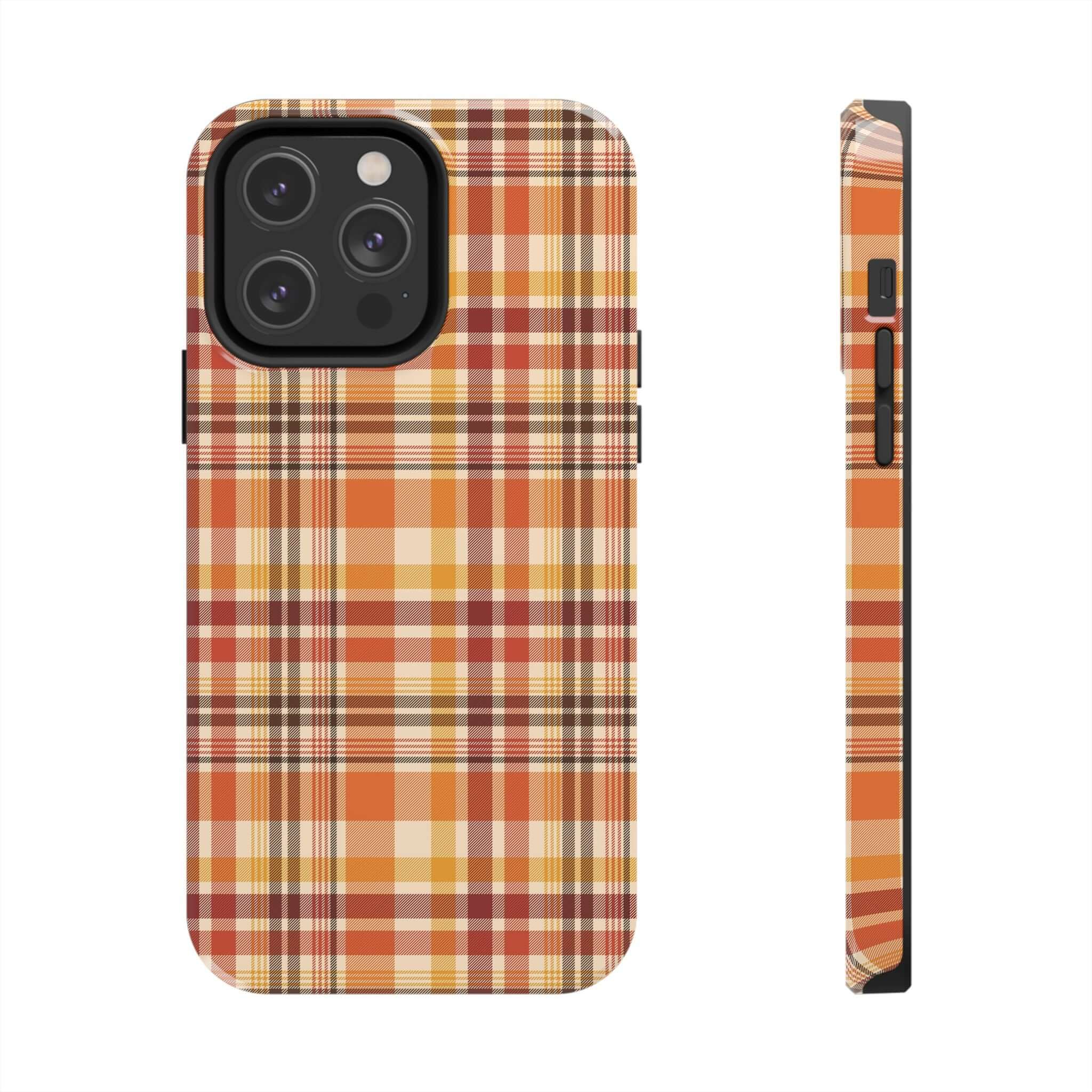 Autumn Air Fall Plaid iPhone Case with orange and yellow plaid design, perfect for Halloween and fall season protection