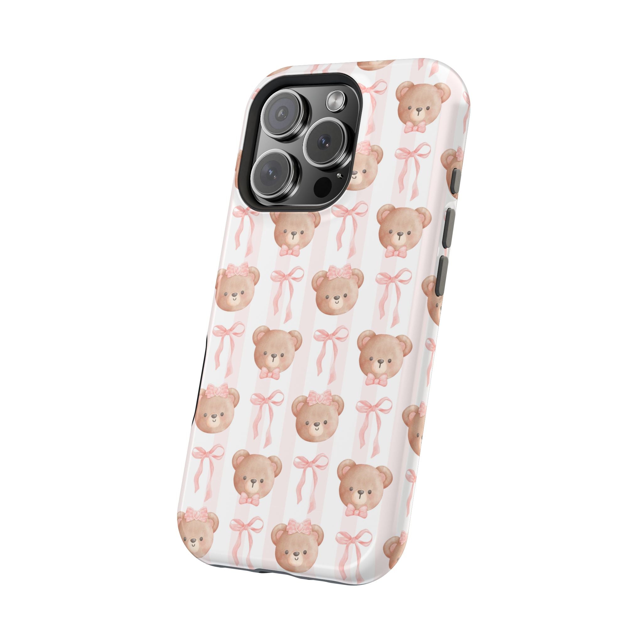 Cute phone case with adorable bear design and pink bows, perfect for adding a playful vibe and protecting your device in style.