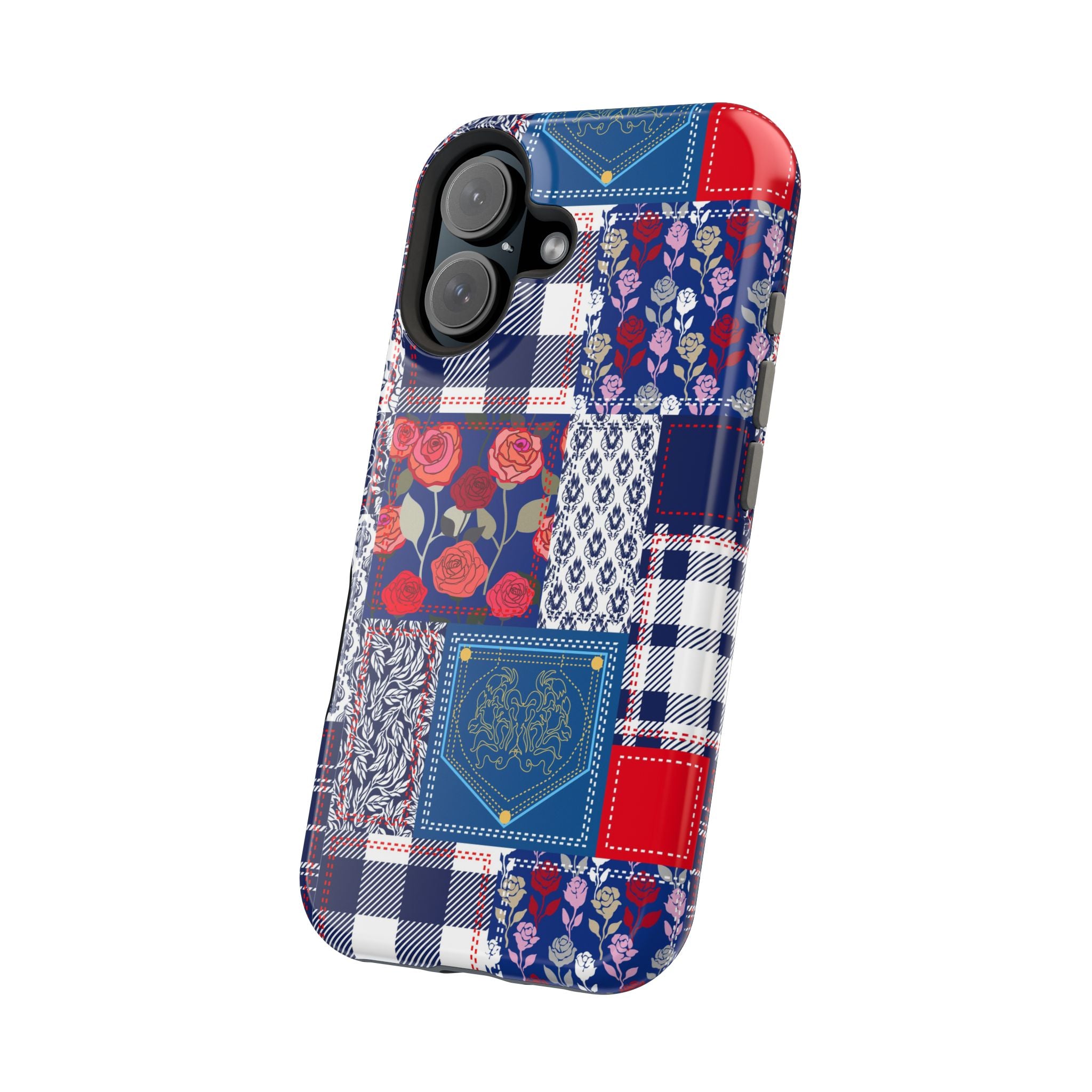 Crimson Bloom | Blue Patchwork Case