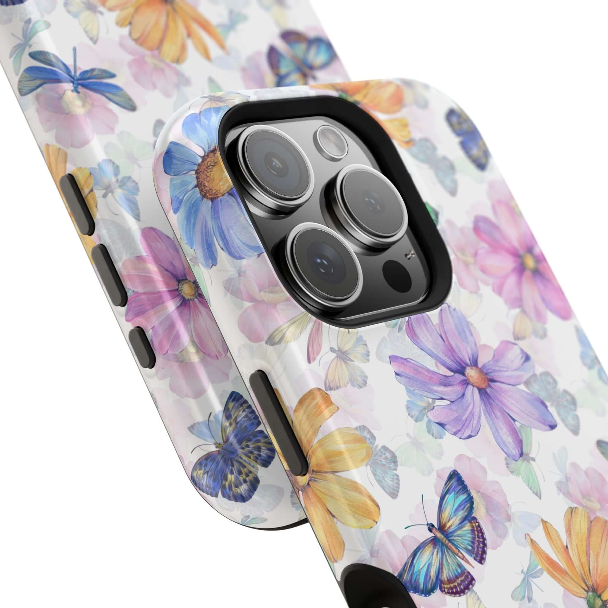 Cute MagSafe compatible iPhone 16 case with watercolor butterfly and flower design, stylish and protective phone case.