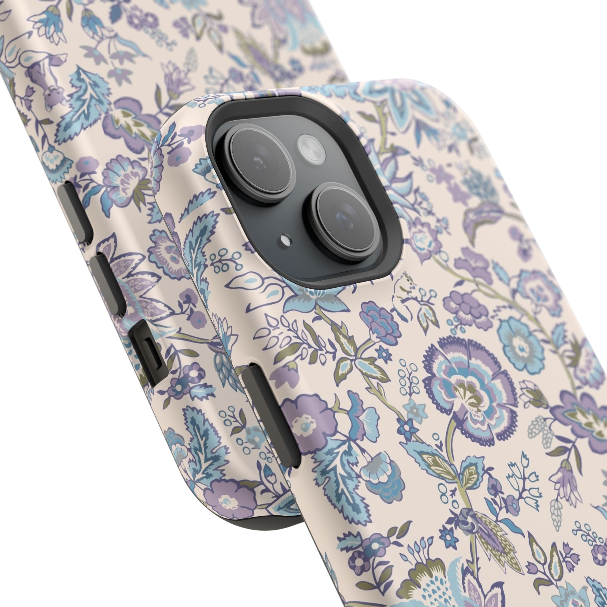 Blue CottageCore MagSafe iPhone case with floral design, cute phone cover for nature lovers, protective and stylish accessory.