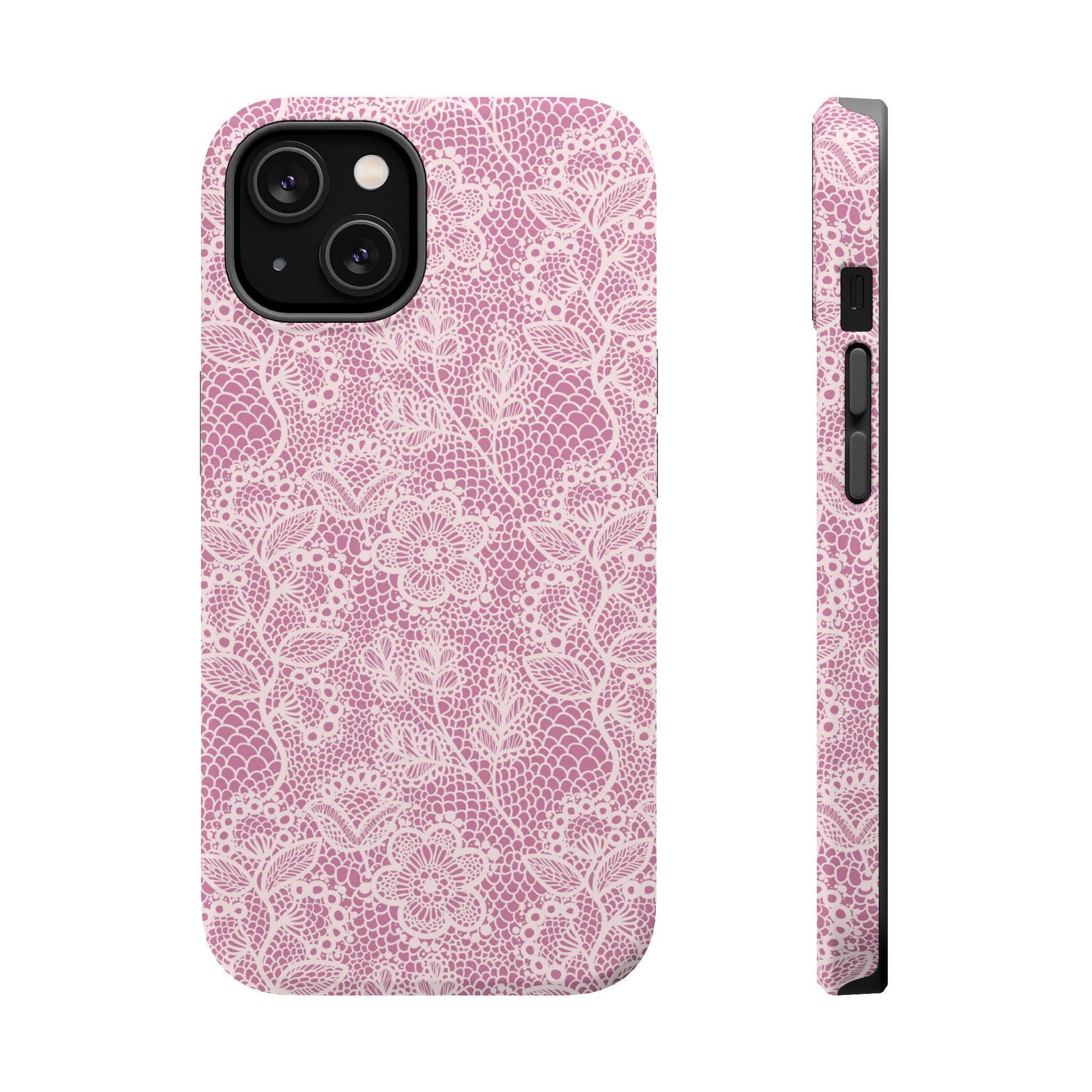 Pink Lace MagSafe iPhone Case with Floral Design, Cute Phone Cover for Stylish Protection