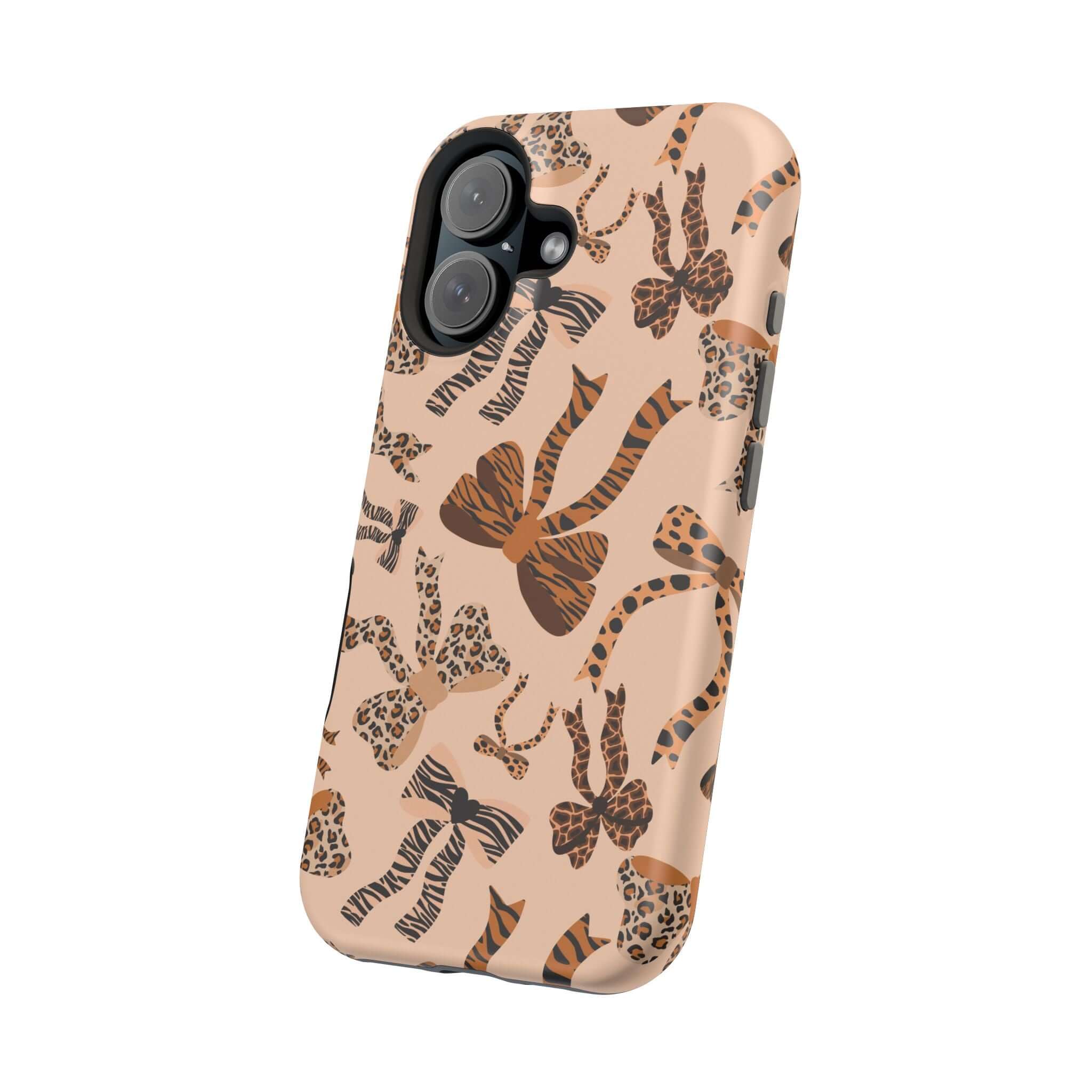 Cute leopard print iPhone case with coquette bows, colorful and abstract design, Safari Coquette MagSafe phone case.