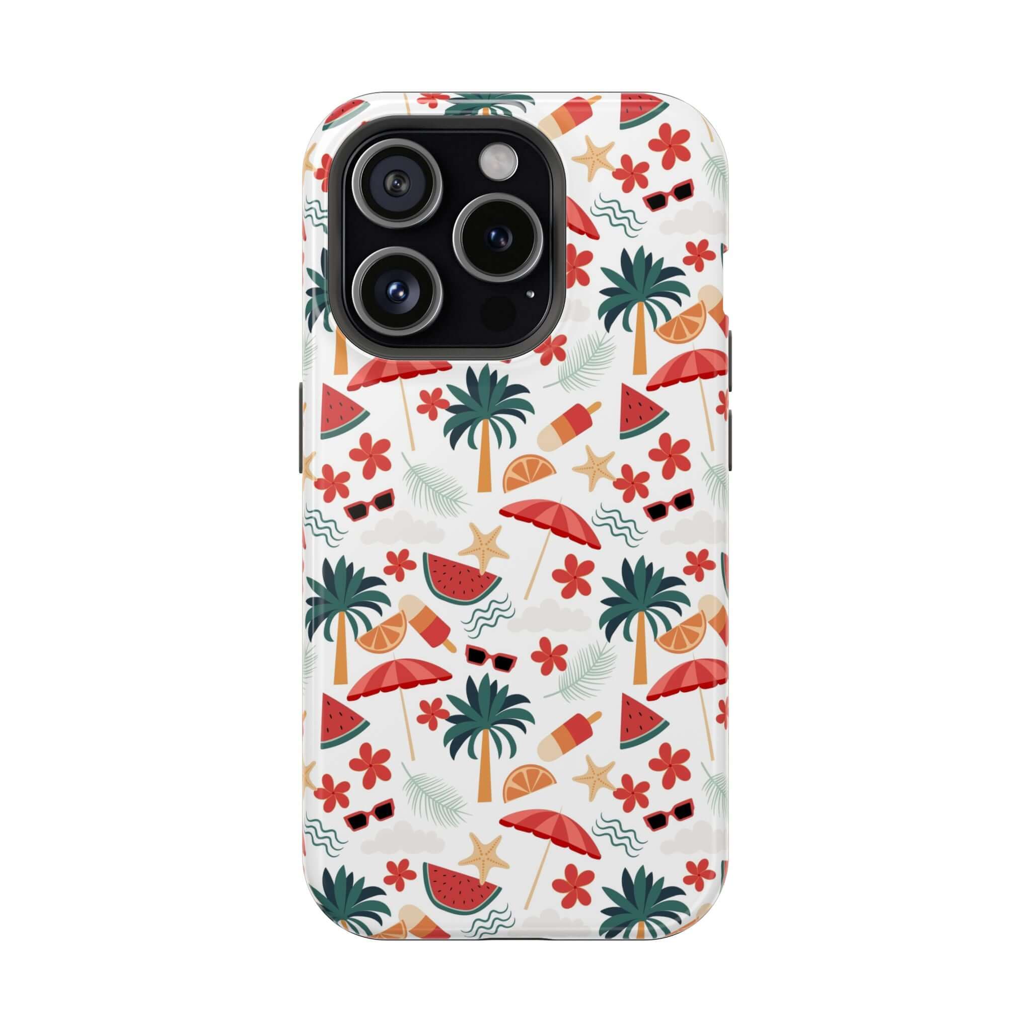 Cute beach-themed iPhone 14 case with palm trees, umbrellas, and summer icons, perfect for stylish phone protection and free shipping