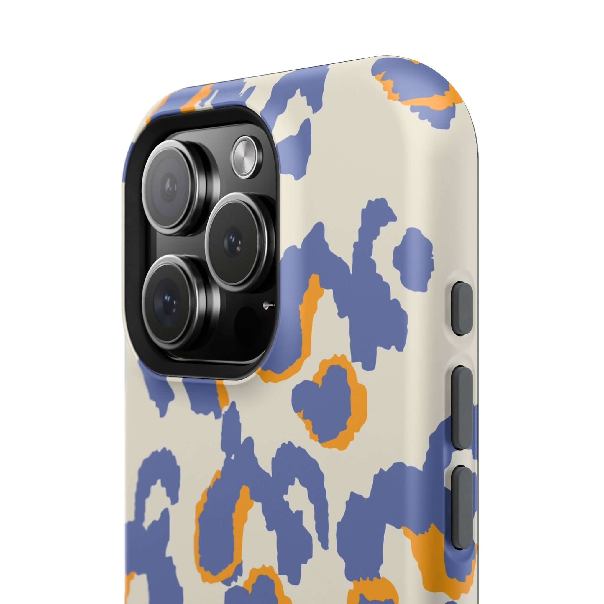 Blue leopard print MagSafe iPhone case with orange accents, featuring a colorful and abstract design for a cute and protective phone accessory.