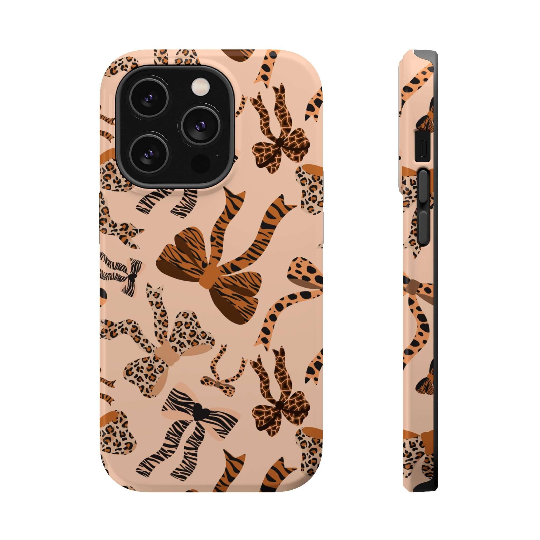 Colorful iPhone case with leopard pattern and cute coquette bows, showcasing a playful and abstract design.