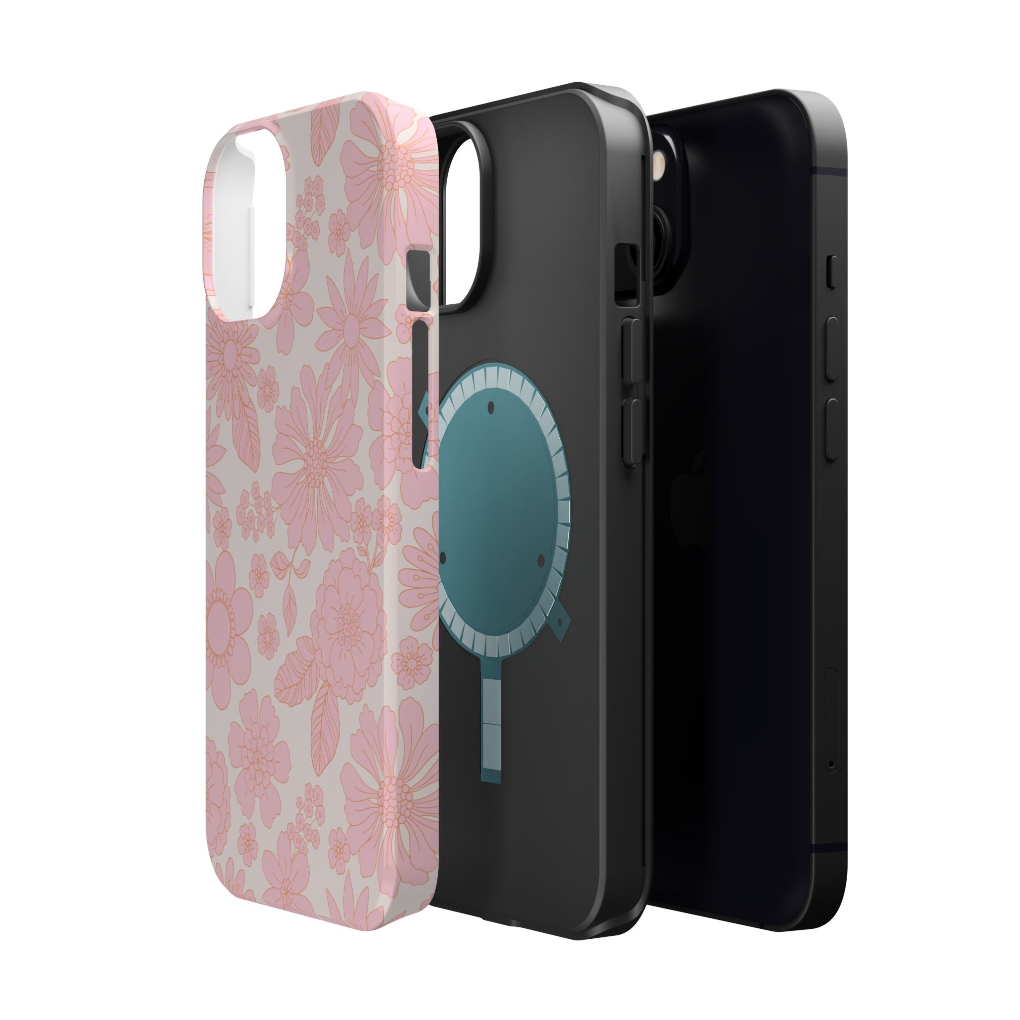 Charming Petals pink floral phone case for iPhone 16, cute MagSafe cover with cottagecore design, perfect for a whimsical aesthetic.