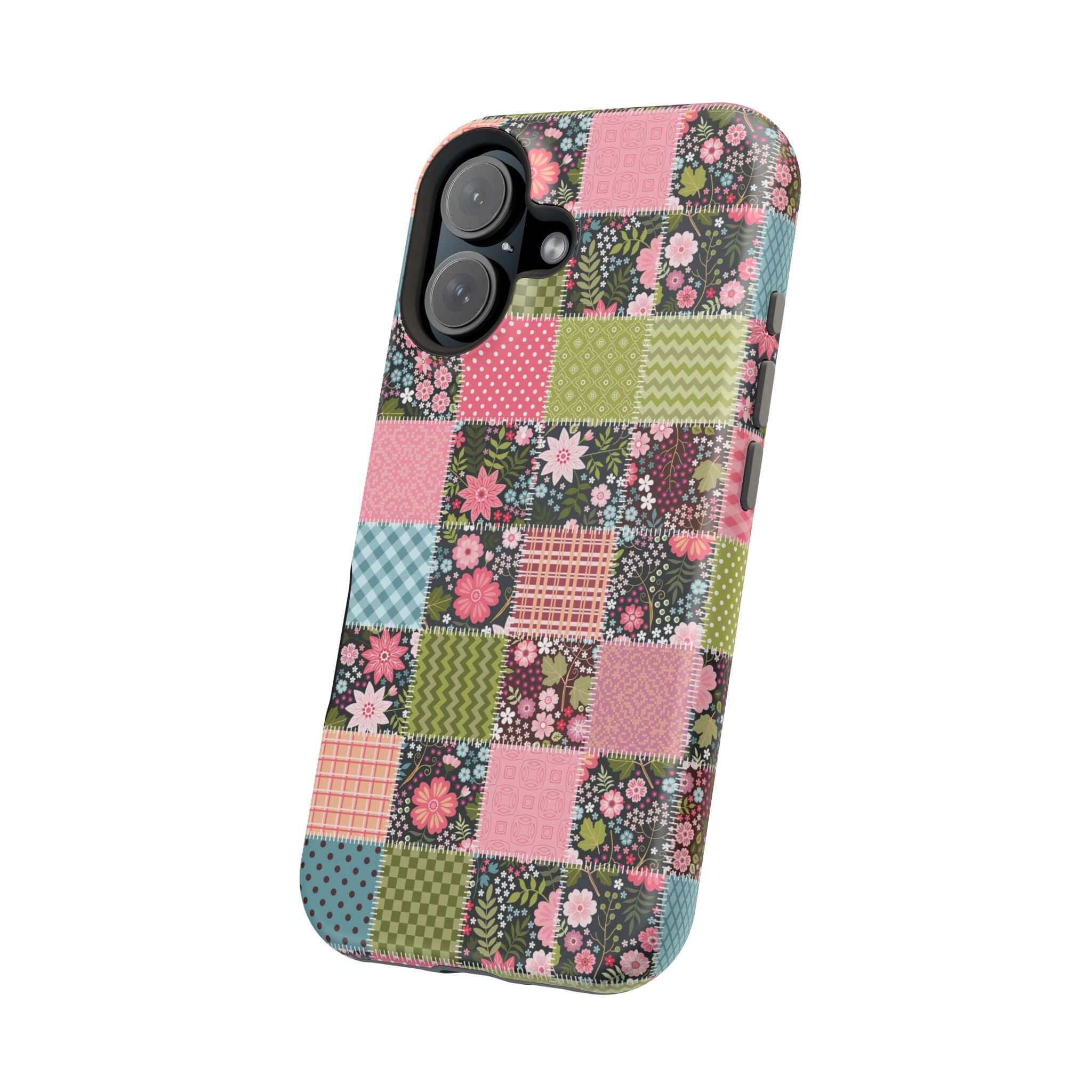 MagSafe iPhone case with wildflower patchwork design, cute floral phone cover for free-spirited style.