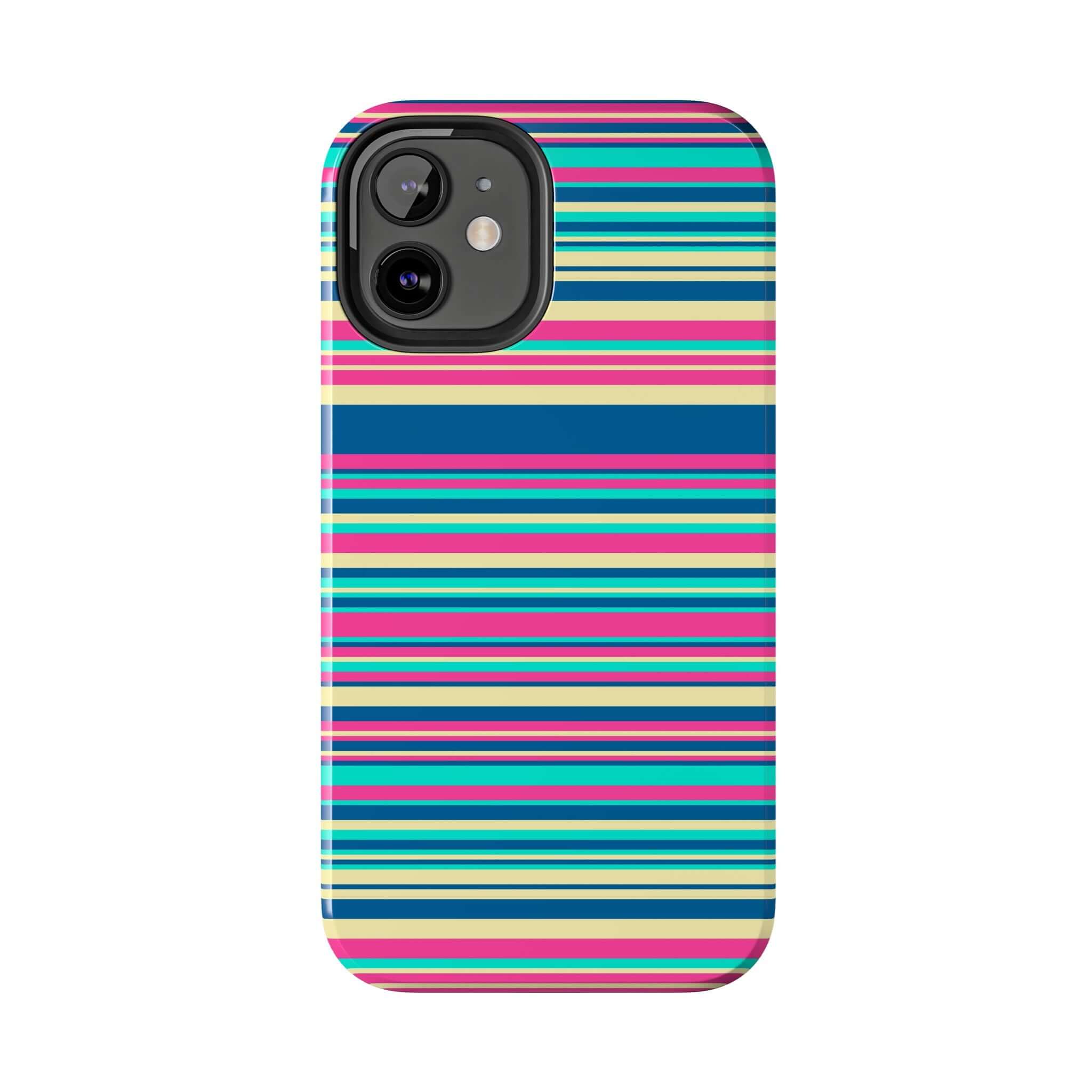 Colorful striped phone case for iPhone 14 and iPhone 15, cute and playful design, free shipping available.