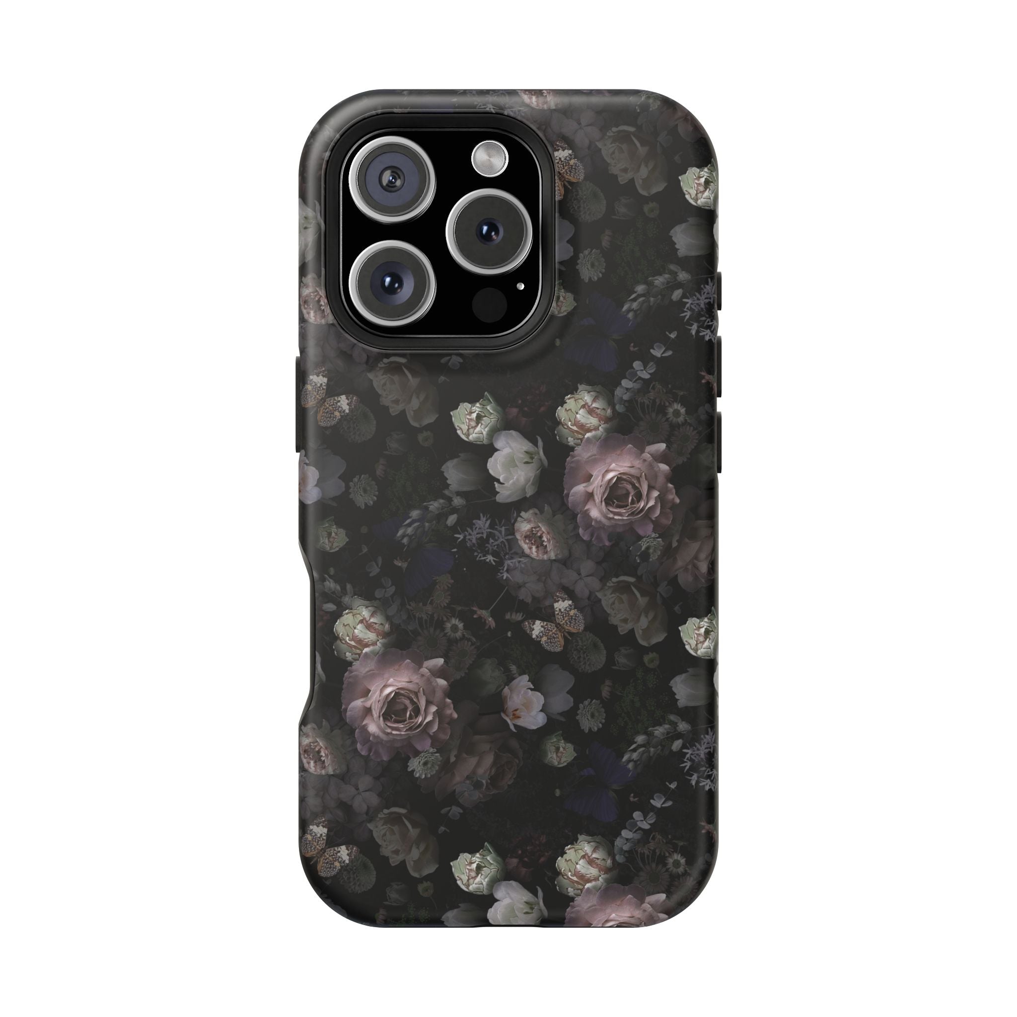 Midnight Curse black floral MagSafe iPhone case with cute dark rose design, stylish protective phone cover.