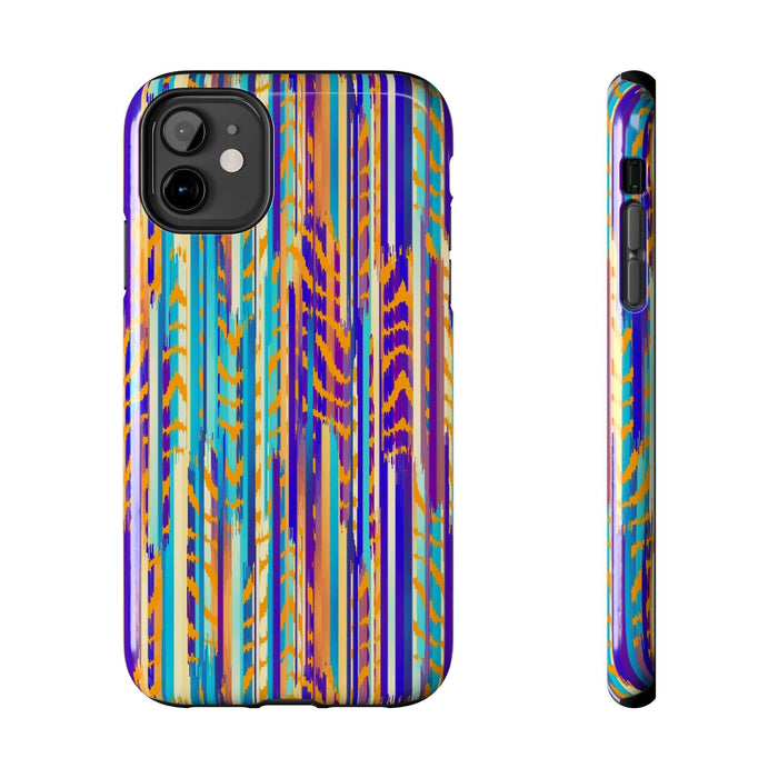 Colorful iPhone case with abstract tie dye pattern, showcasing vibrant blue, orange, and purple stripes for a cute phone accessory.