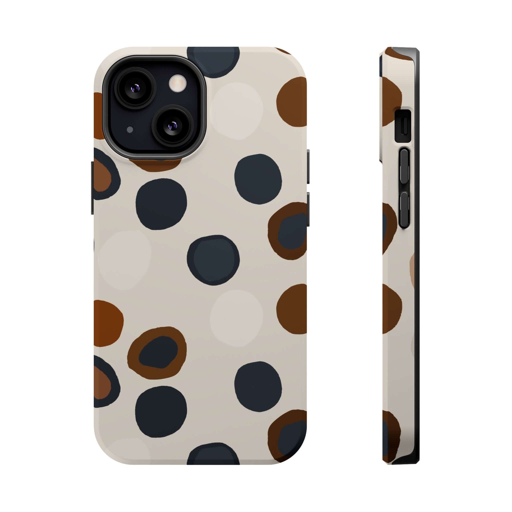 Chic Wanderer Modern Spots Case, colorful abstract iPhone case with brown spots, cute MagSafe phone case for fashion-forward adventurers.