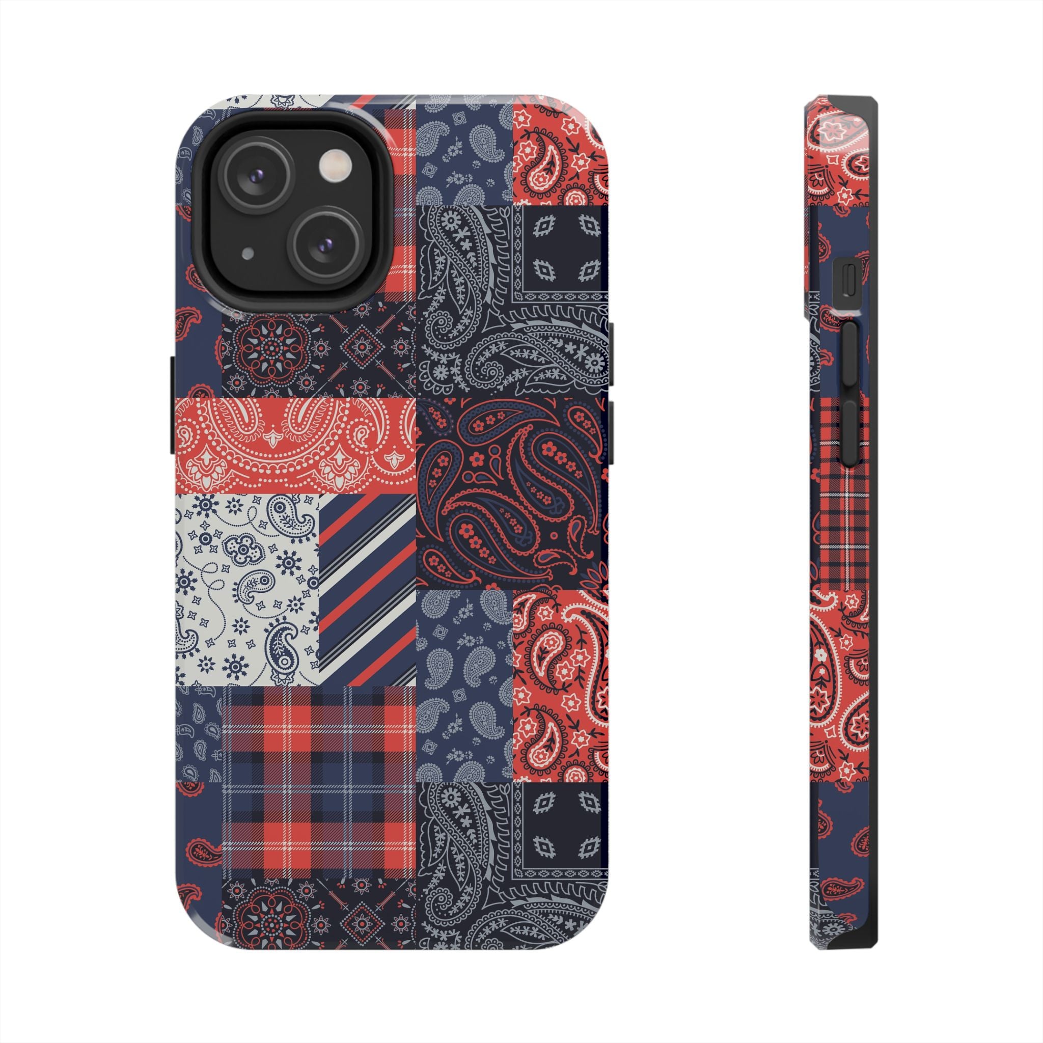 Cute bookish phone case for iPhone 14 Pro with boho bandana patchwork design, stylish protective cover for trendy fashion-forward men.