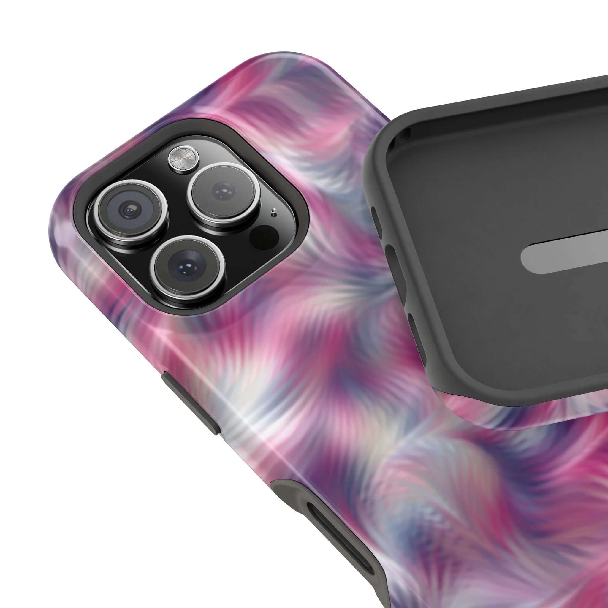 MagSafe iPhone case with purple abstract tie dye swirl design, cute and quirky phone cover for vibrant personality protection.