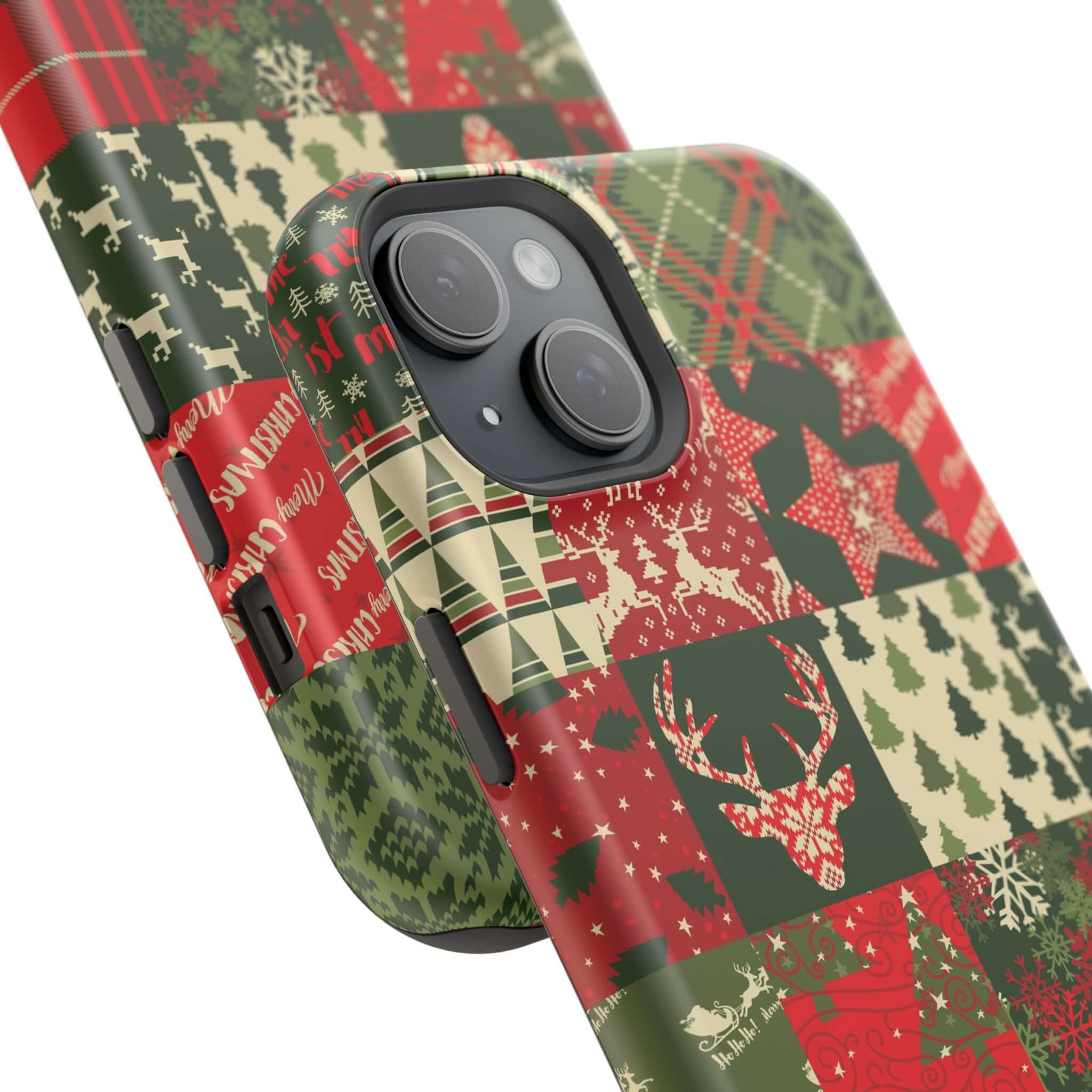 Festive Cozy Quiltmas MagSafe Case with Christmas and holiday patterns, featuring a secure fit and easy attachment for xmas phone cover.