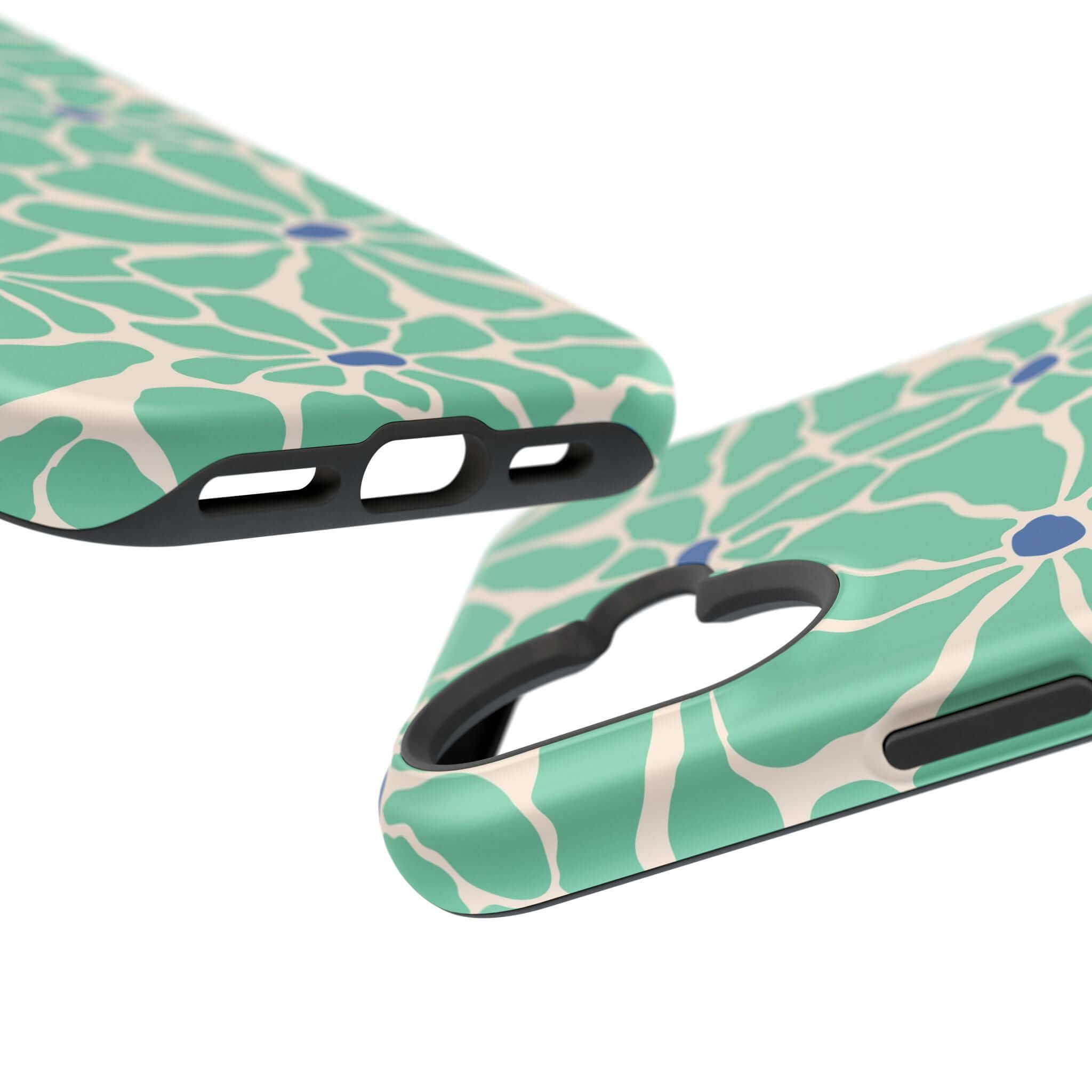 Close-up of the Tropical Splash Retro Floral Case, a cute phone cover designed for Apple iPhone with a vibrant green pattern.