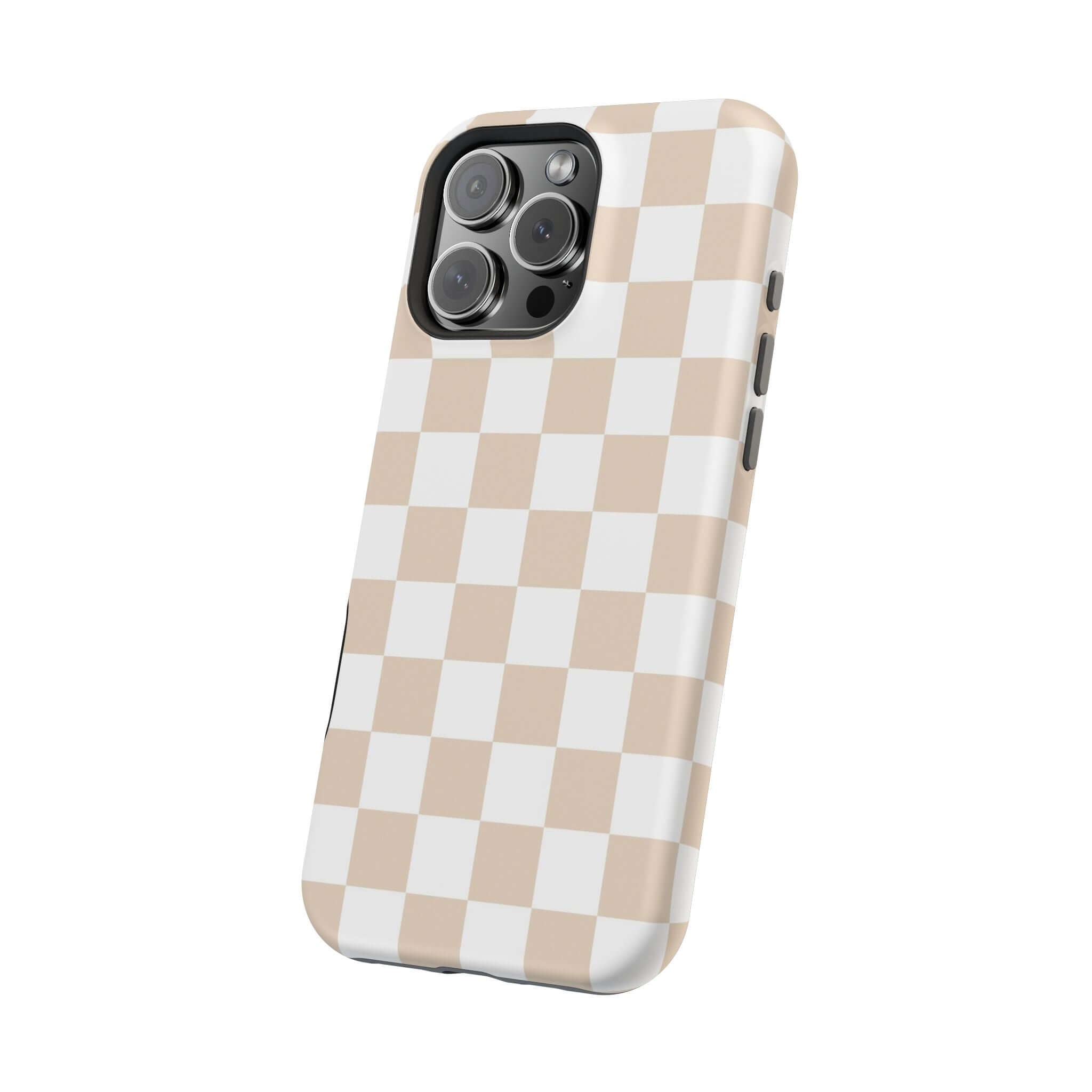 Cute MagSafe iPhone 16 case with beige and cream checkered print for stylish and playful phone protection.