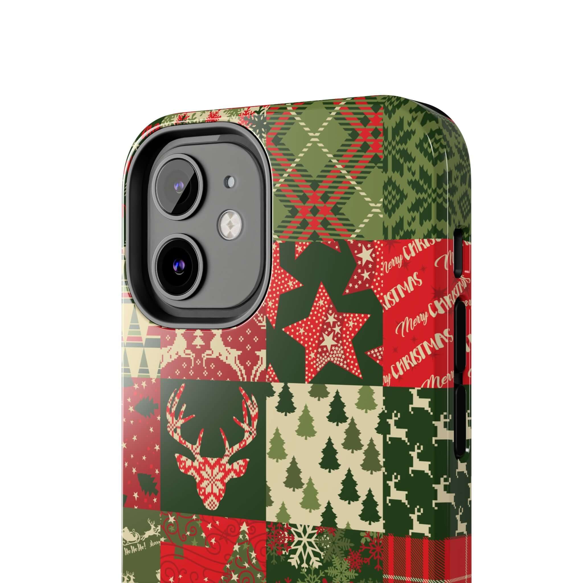 Cute iPhone case with holiday design featuring Christmas trees, snowflakes, and deer pattern for Cozy Quiltmas' green festive phone case.