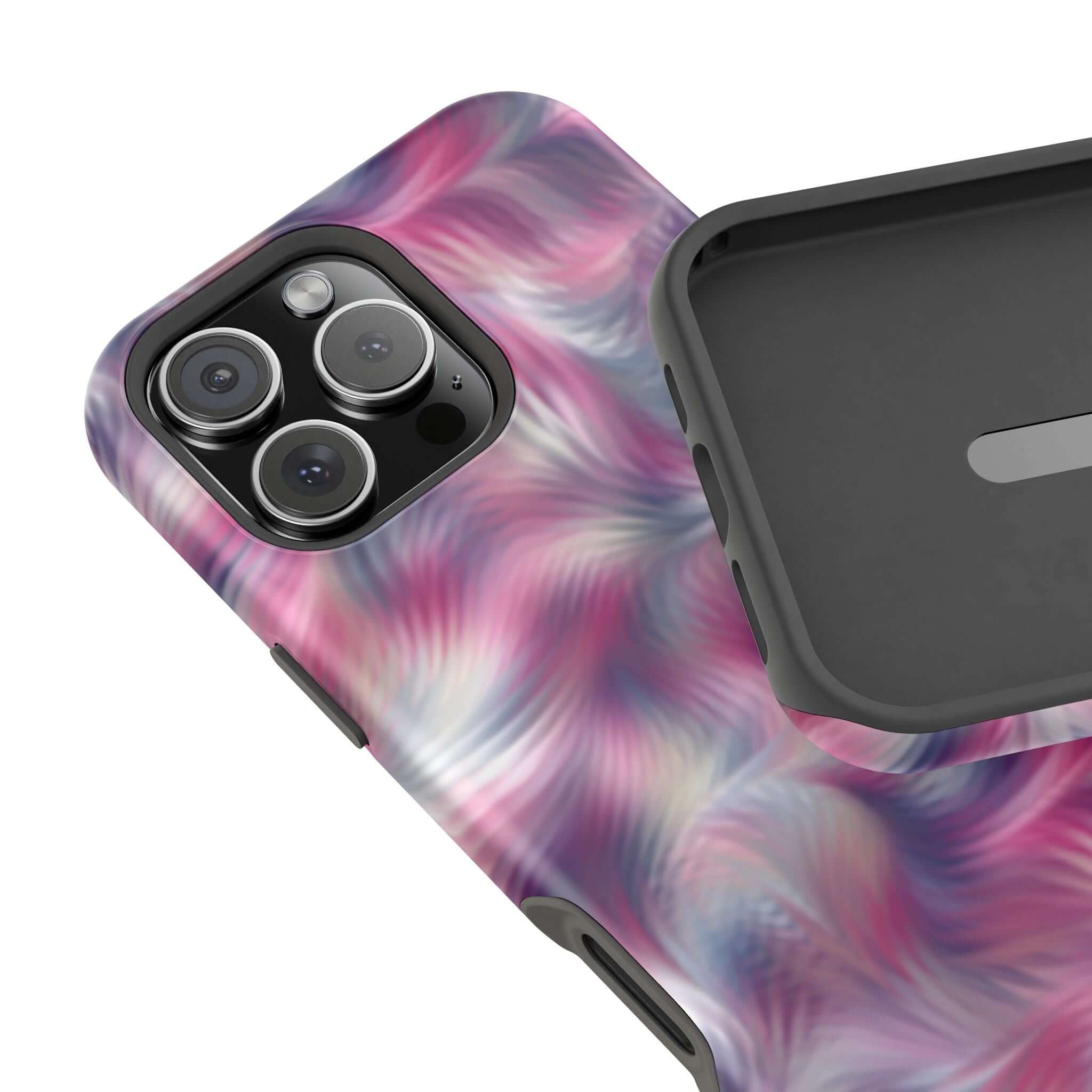 MagSafe iPhone case with purple abstract tie dye swirl design, featuring a quirky and cute phone cover for a playful personality.