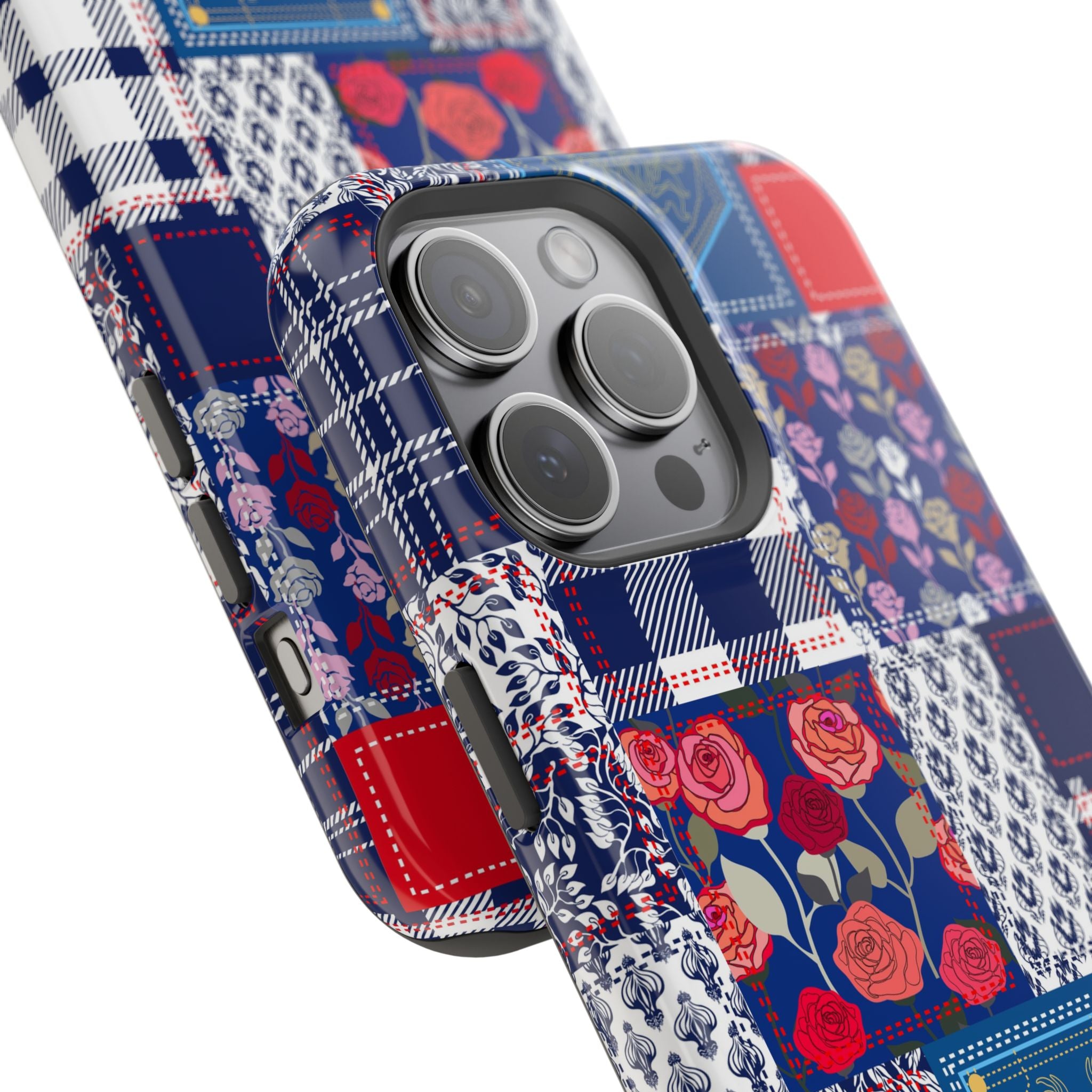 Crimson Bloom | Blue Patchwork Case