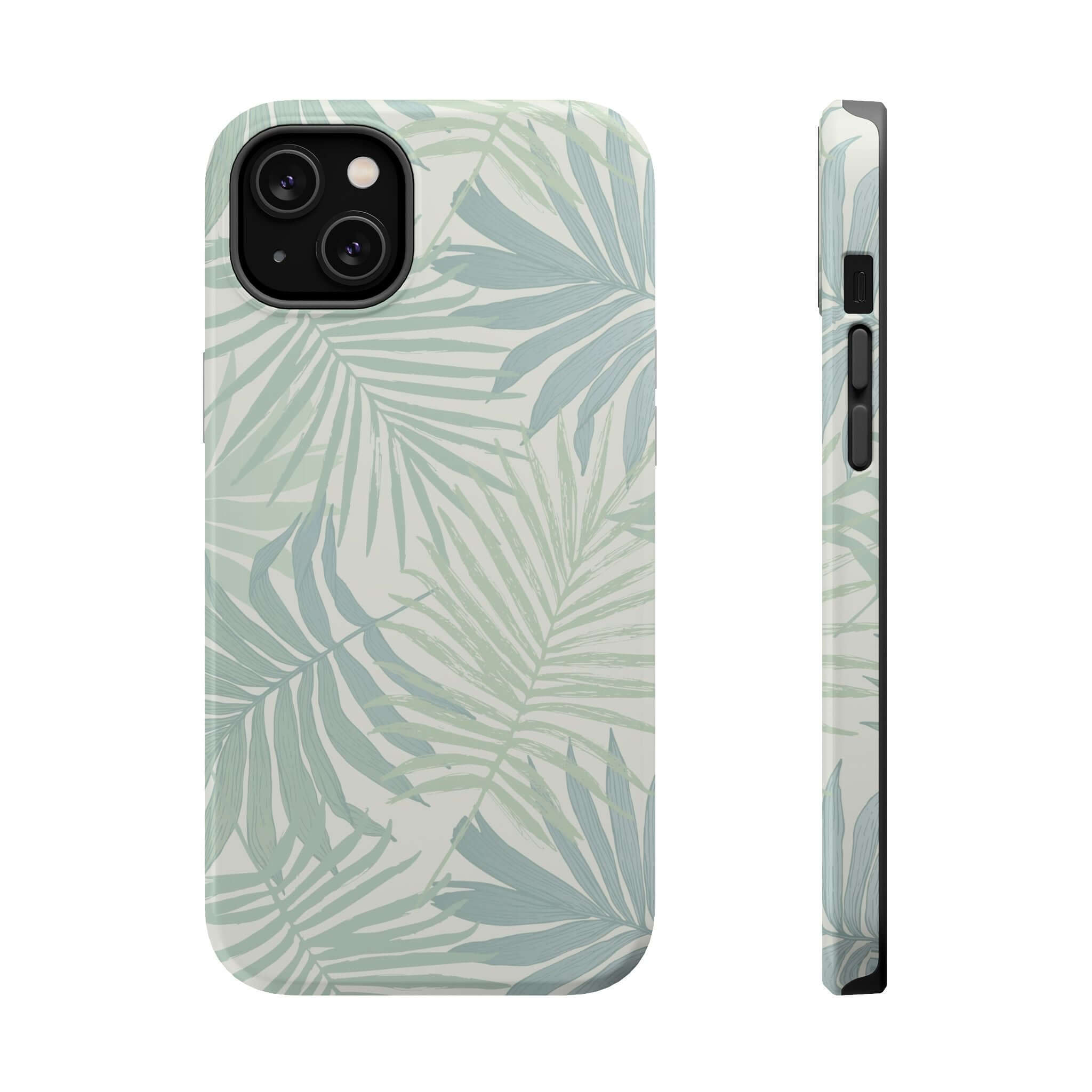 Teal Tropical iPhone case with palm tree design, showcasing side and back view, cute phone case brands, free shipping available.