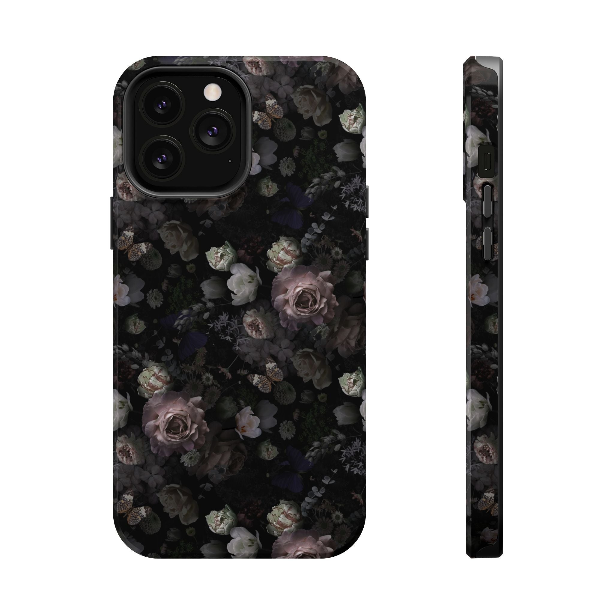 Midnight Curse black floral MagSafe iPhone case, featuring dark roses. Cute phone cover for stylish protection.