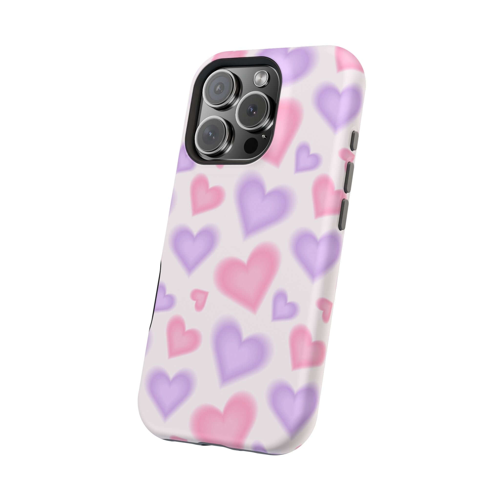 Cute phone cover featuring pink and purple hearts on a white background, perfect for styling your Apple iPhone.