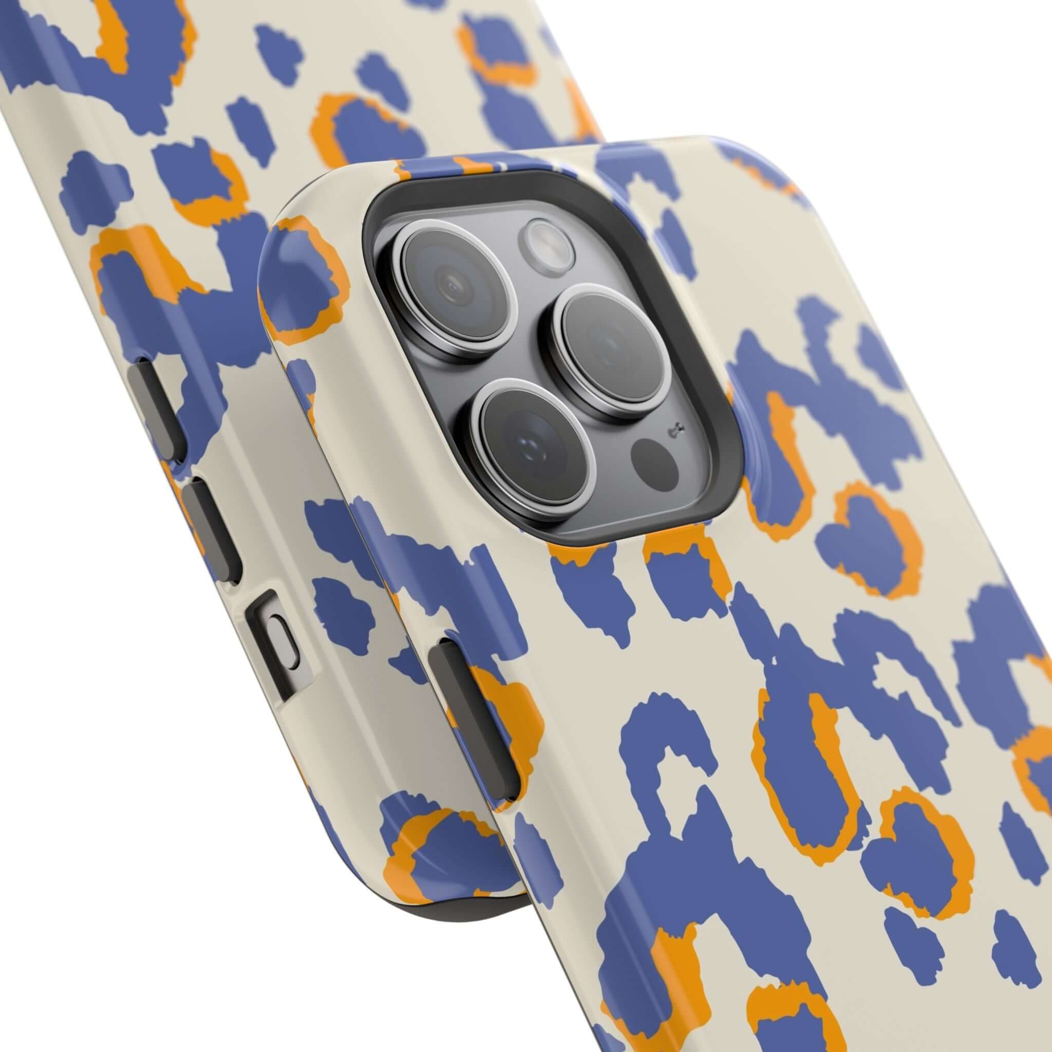 Blue leopard print MagSafe case for iPhone with colorful abstract design, offering cute and stylish protection.