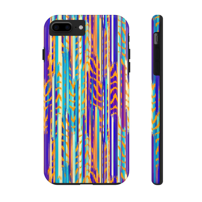 Colorful Trippy Weaver tie dye iPhone case with abstract design, vibrant stripes in purple, orange, and blue, cute phone accessory